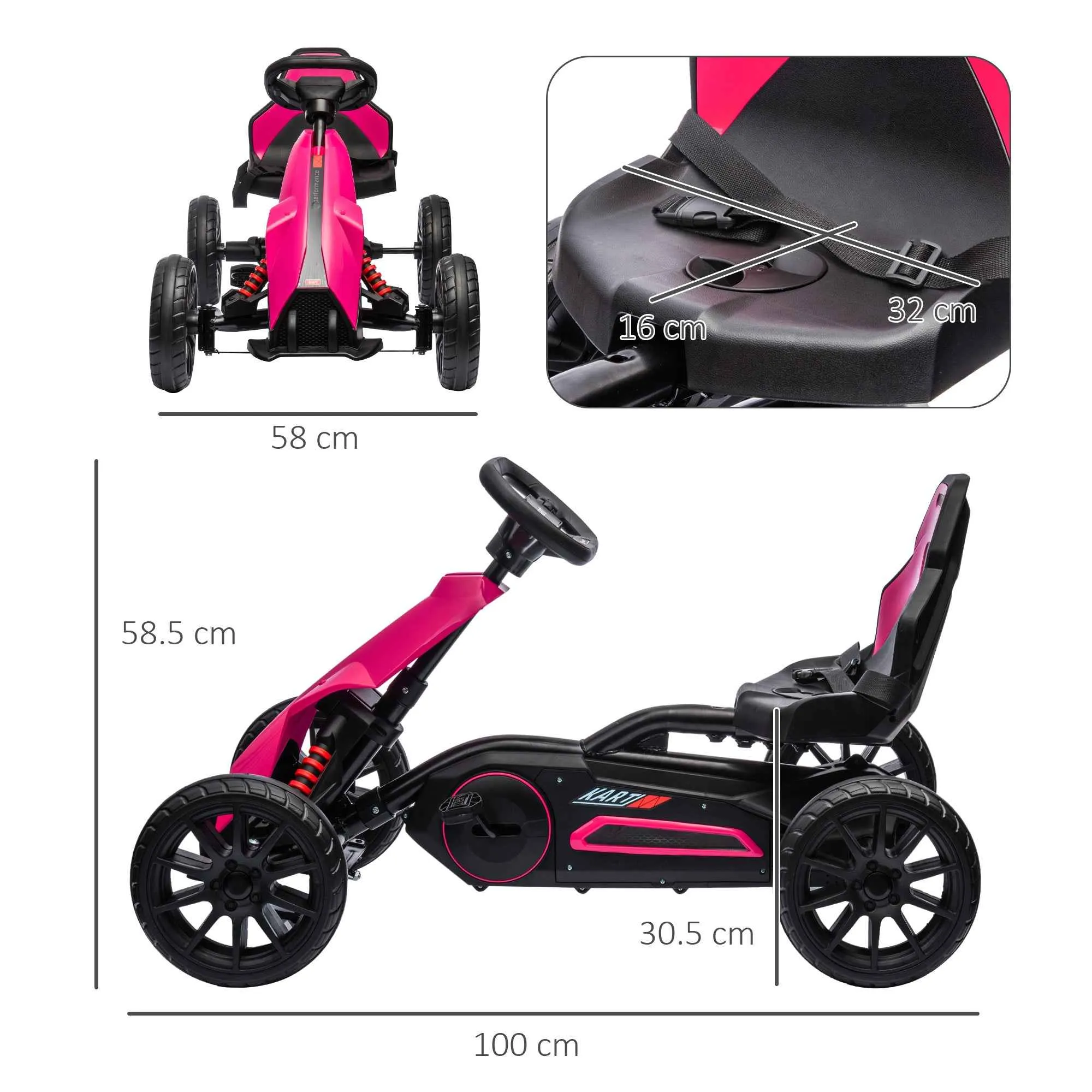 Pedal Go Kart for Kids Ages 3-8 with Adjustable Seat and EVA Wheels, 100x58x58.5 cm, Pink and Black - Image 3
