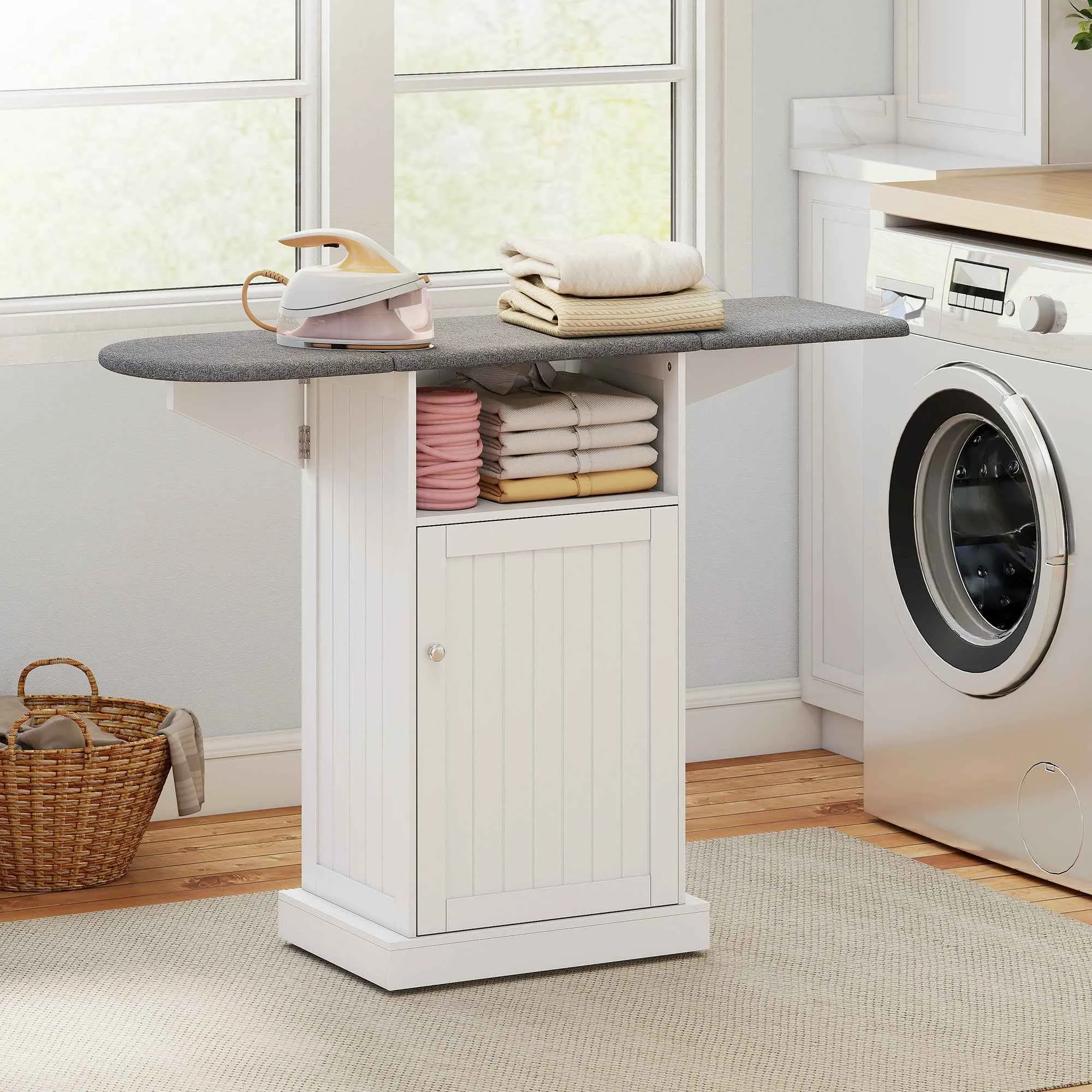 Folding Ironing Board with Wheels, Open Shelf and Cabinet, 121 x 37 x 89 cm, White and Grey - Image 2