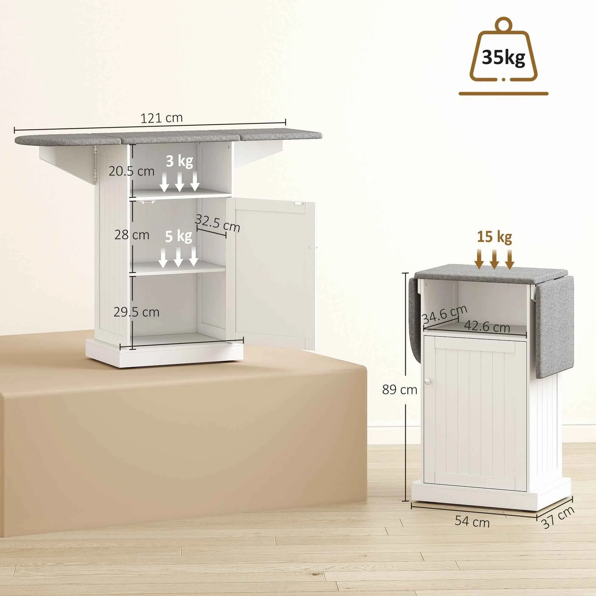 Folding Ironing Board with Wheels, Open Shelf and Cabinet, 121 x 37 x 89 cm, White and Grey - Image 3