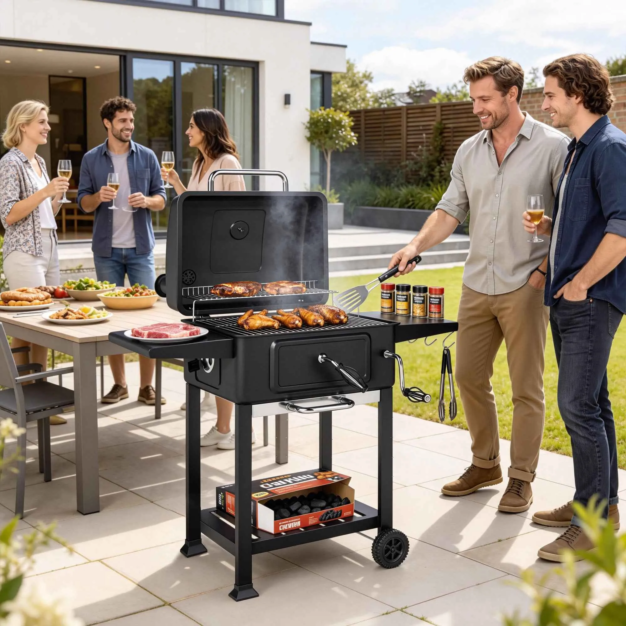 Outsunny Charcoal Barbecue, Smoker Grill with Wheels for Outdoor Use, Black - Image 2