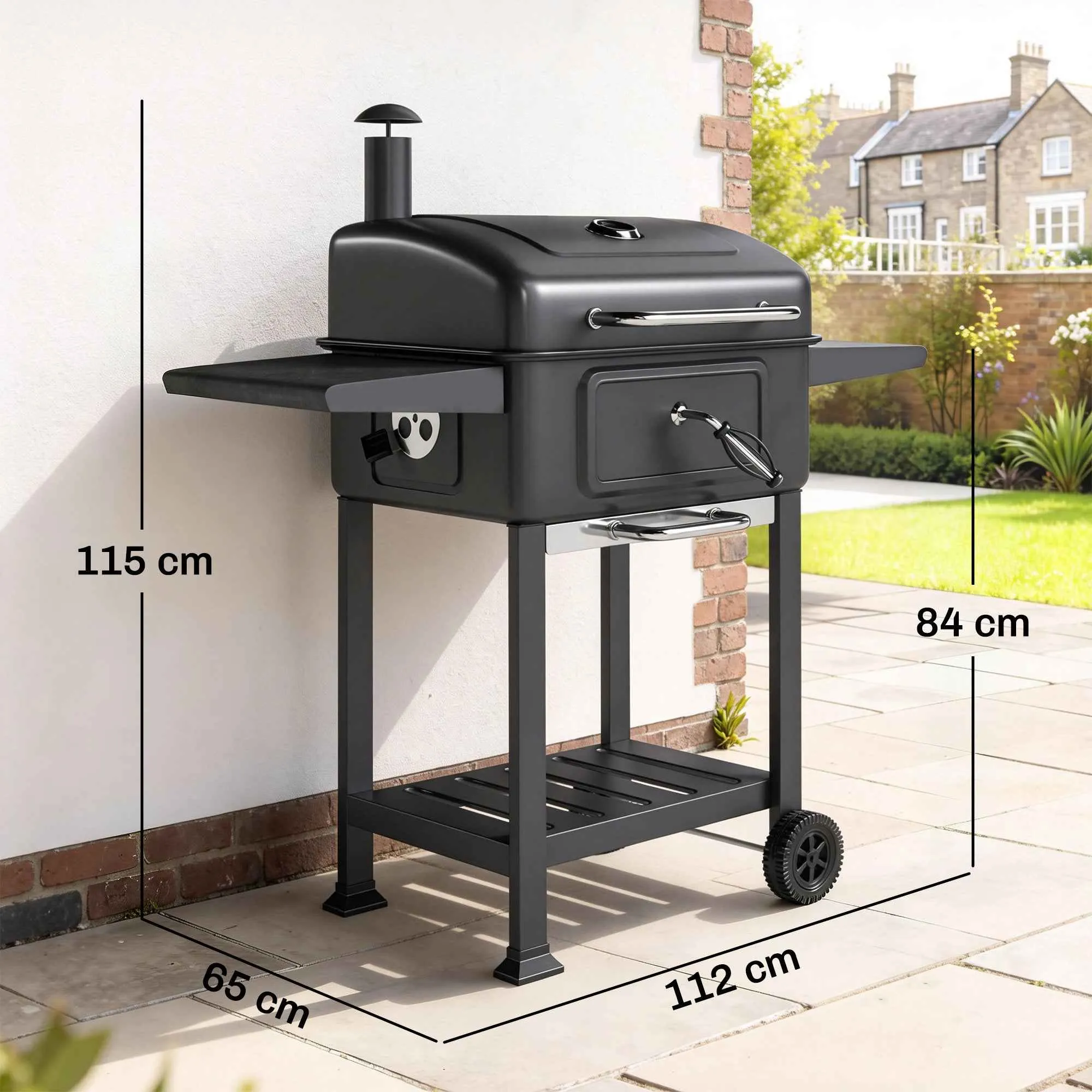 Outsunny Charcoal Barbecue, Smoker Grill with Wheels for Outdoor Use, Black - Image 3