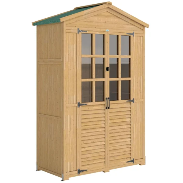 Outsunny Wooden Garden Cabinet with Clear Windows, 128x57.5x197 cm, Light Brown