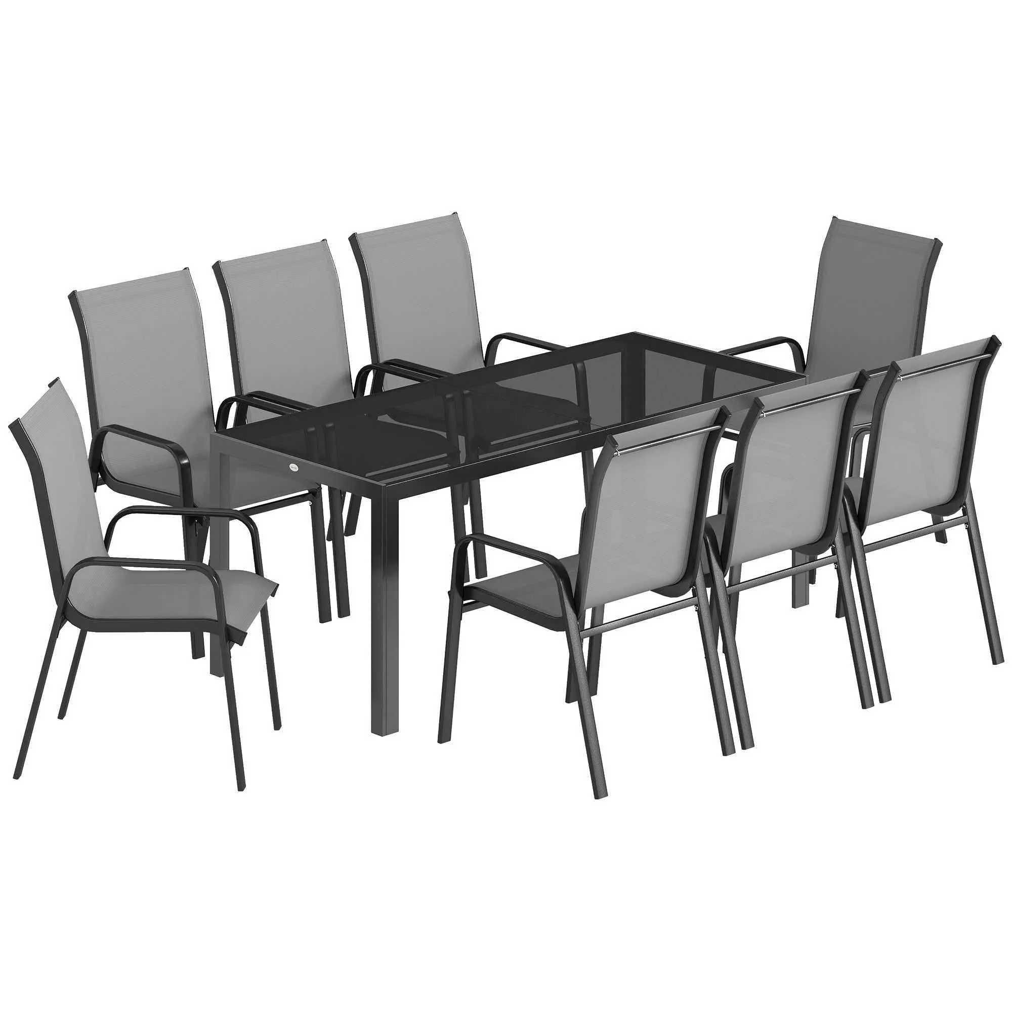 Outsunny 9-Piece Outdoor Set with 8 Stackable Texteline Chairs and Glass-Top Coffee Table, Light Grey