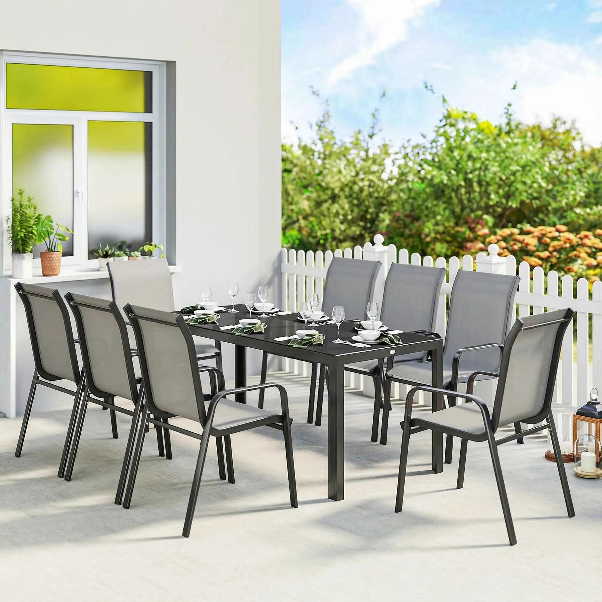 Outsunny 9-Piece Outdoor Set with 8 Stackable Texteline Chairs and Glass-Top Coffee Table, Light Grey - Image 2
