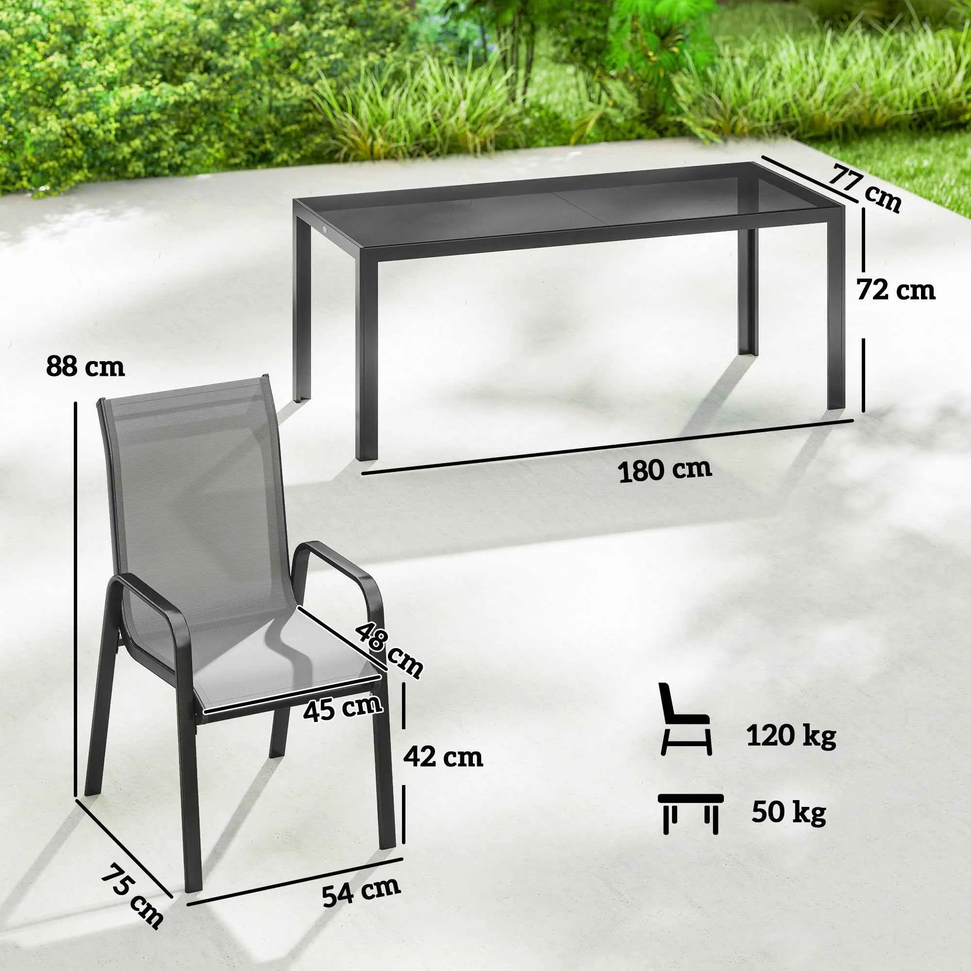 Outsunny 9-Piece Outdoor Set with 8 Stackable Texteline Chairs and Glass-Top Coffee Table, Light Grey - Image 3