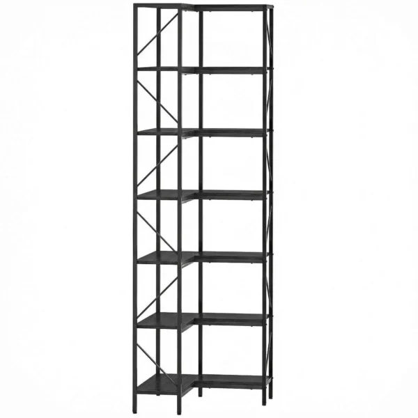 7-Tier Corner Bookcase, Industrial Shelf, Black Wood Effect