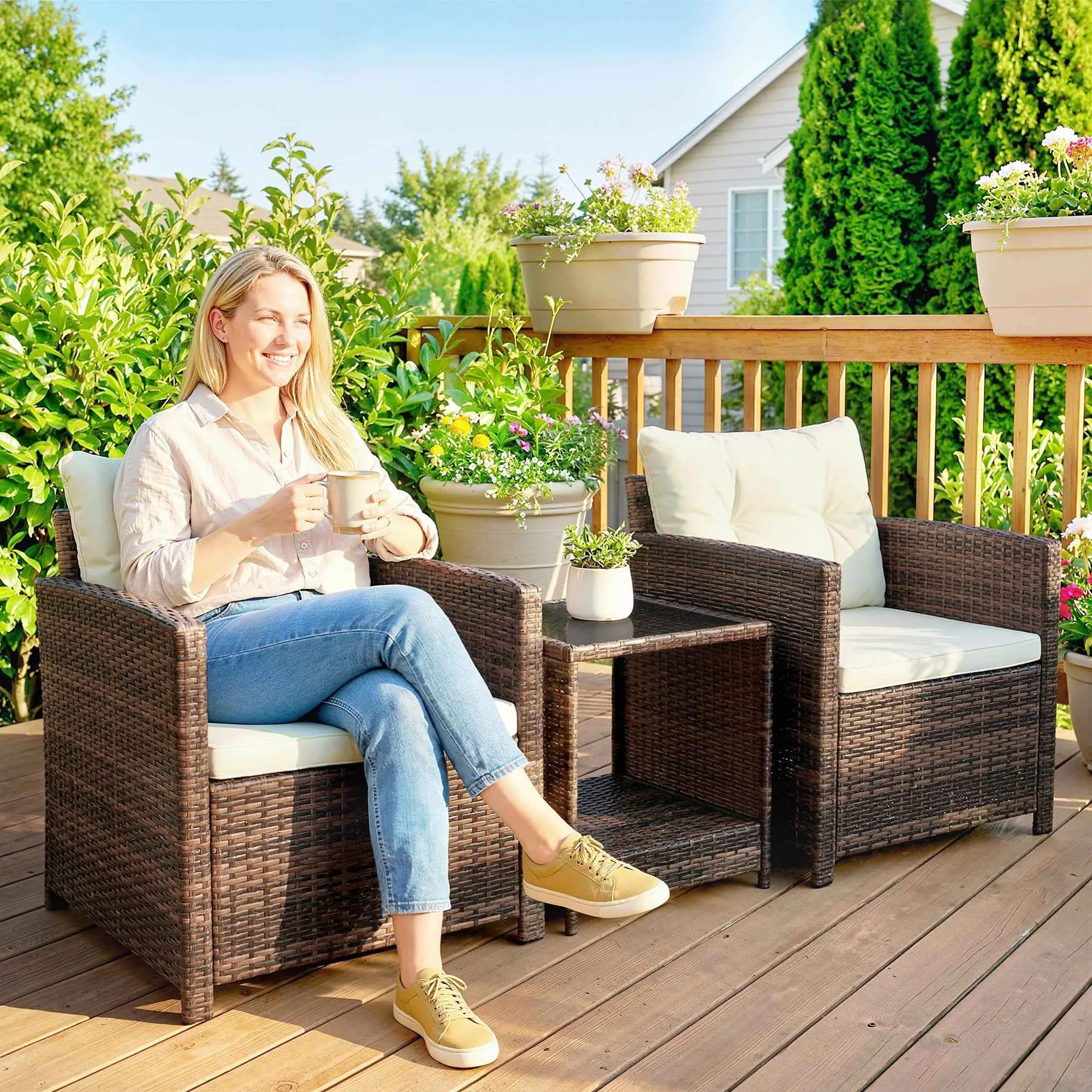 Outsunny 3-Piece PE Rattan and Steel Garden Set with 2 Armchairs with Cushions and Coffee Table, Brown and Cream - Image 2