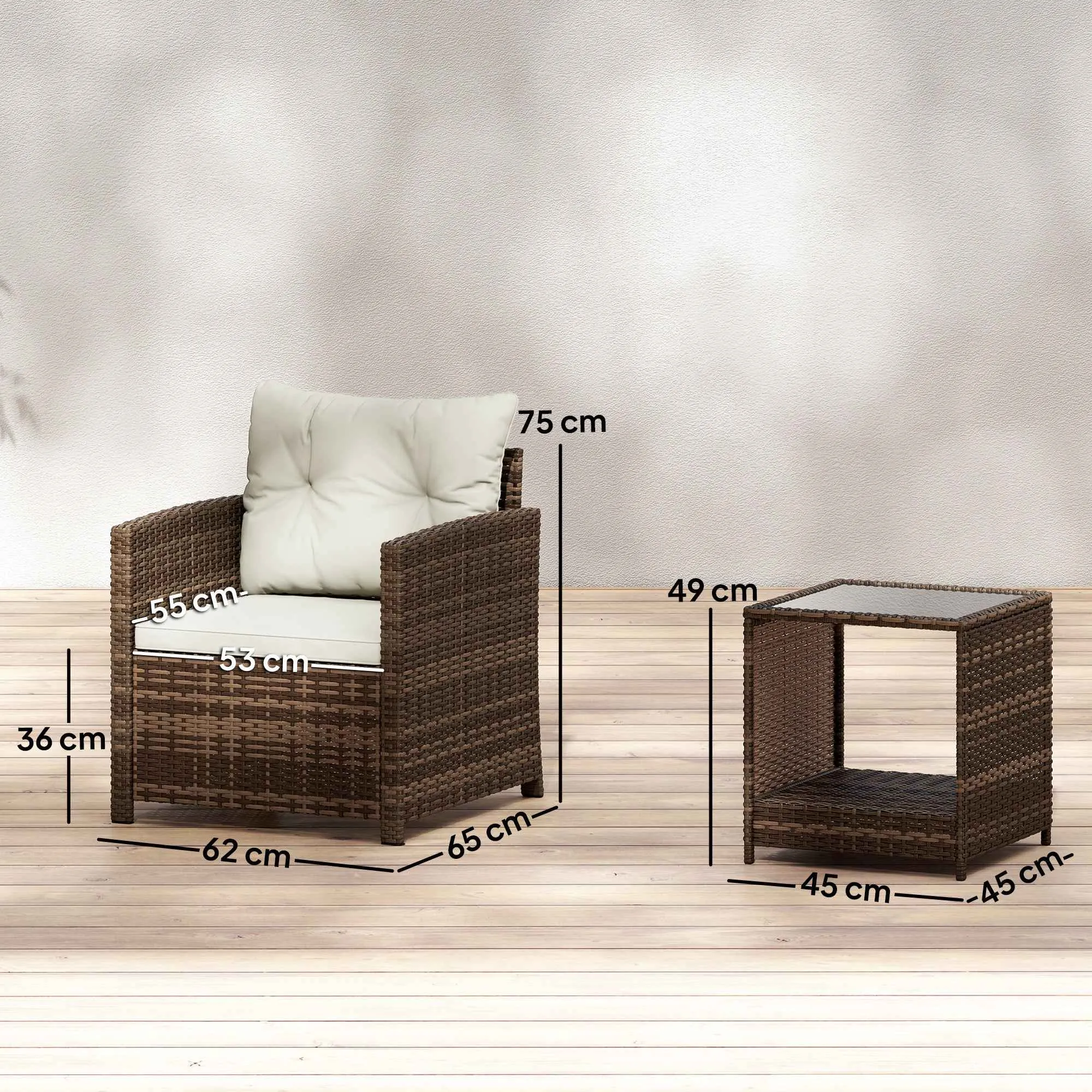 Outsunny 3-Piece PE Rattan and Steel Garden Set with 2 Armchairs with Cushions and Coffee Table, Brown and Cream - Image 3