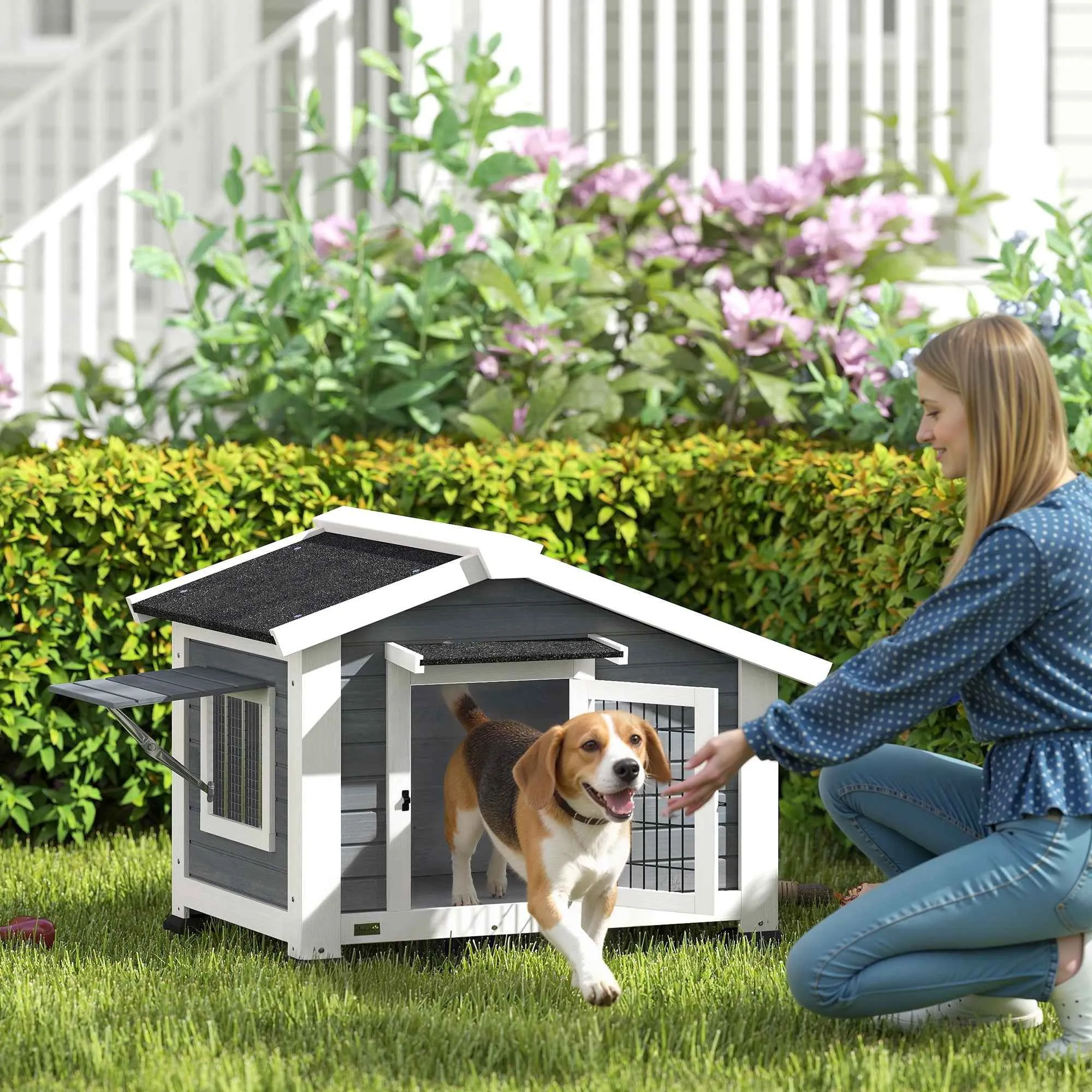 PawHut Dog Kennel Outdoor Wooden Dog House, 98x76x69.5cm - Image 2