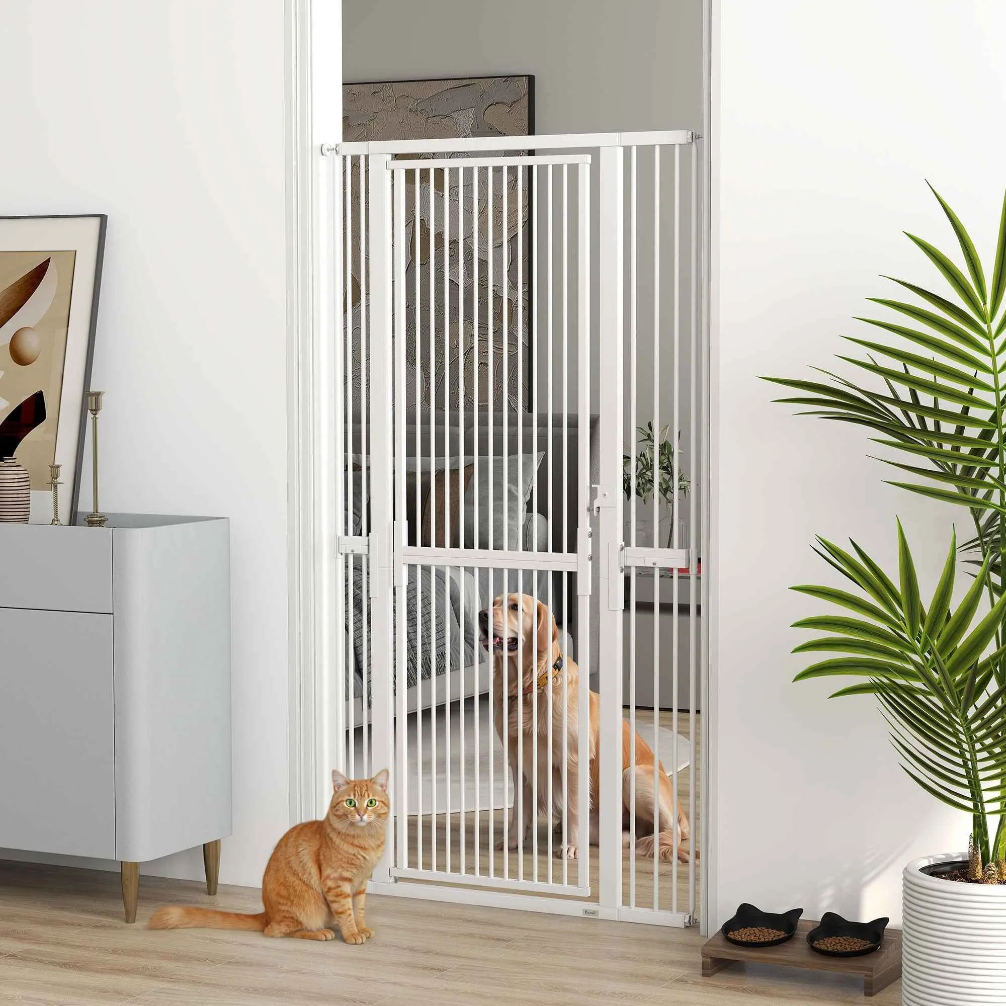 PawHut 180cm High Dog and Cat Gate, Extends from 76-104cm and Push-fits, White - Image 2