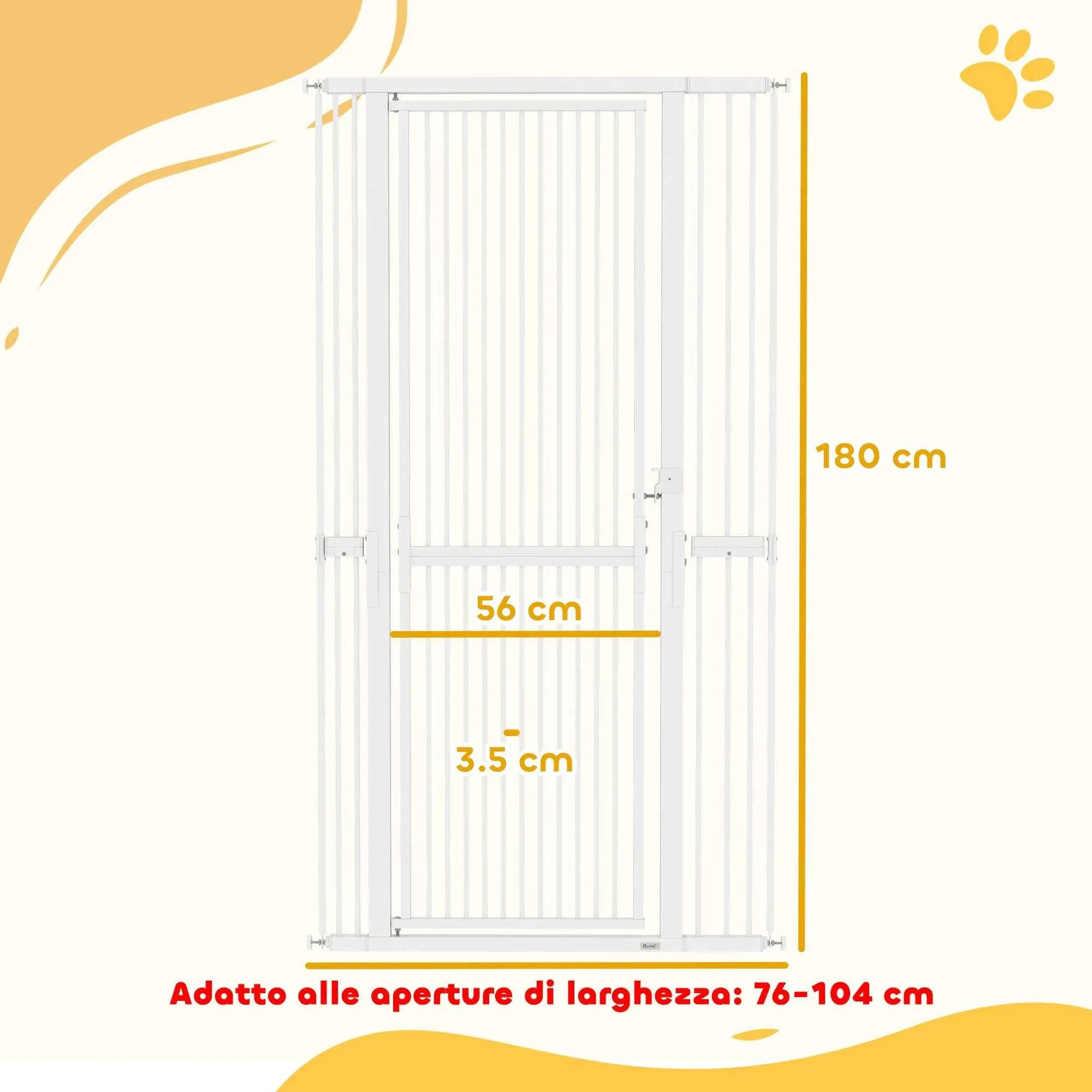 PawHut 180cm High Dog and Cat Gate, Extends from 76-104cm and Push-fits, White - Image 3
