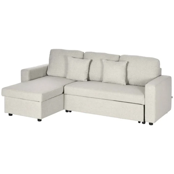 Corner Sofa Bed with 2 Seater Seat and Peninsula, Storage Compartment and 2 Fabric Cushions, Cream