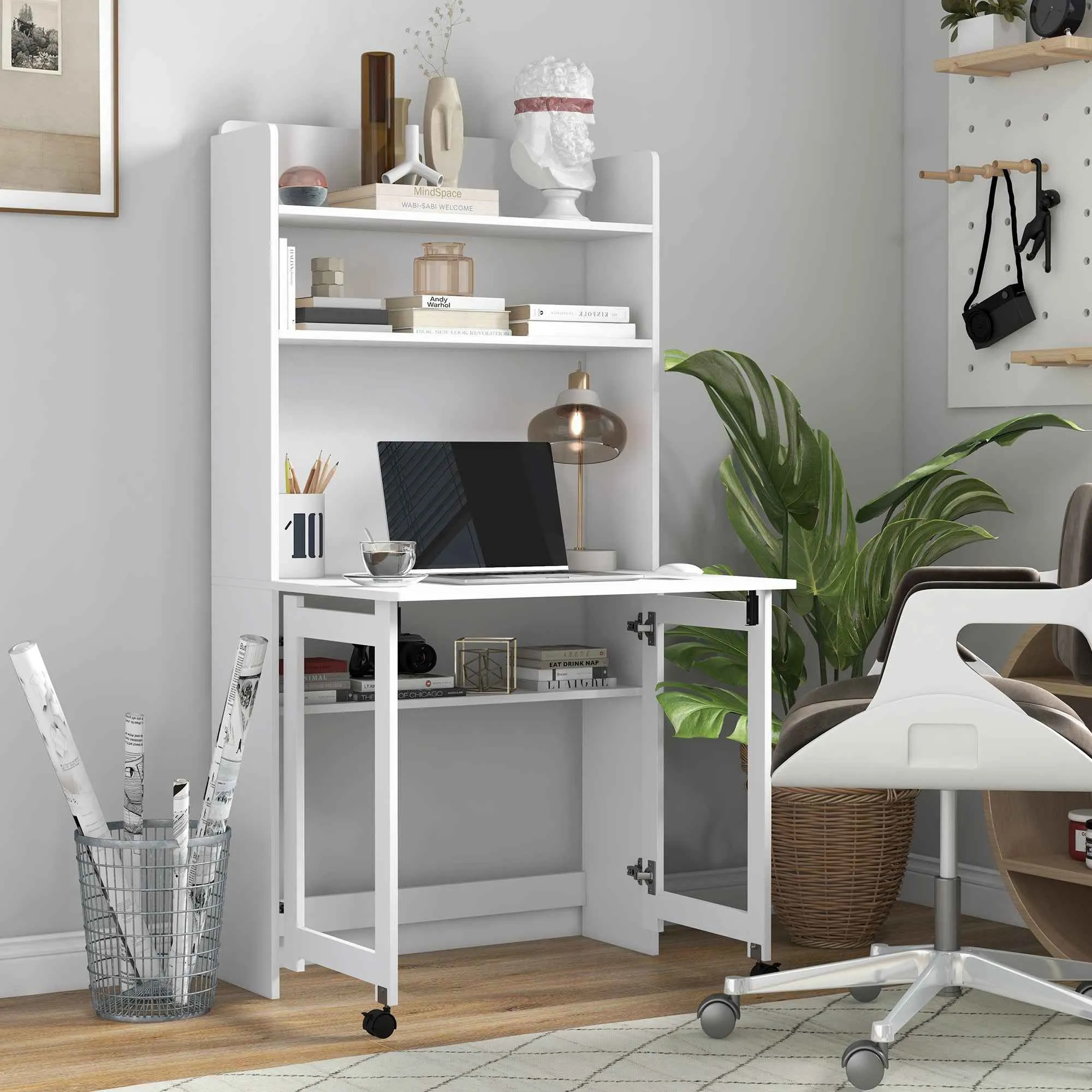 Folding Desk with 4-Tier Bookcase, 2 Wheels and Cable Hole, 80x69x155 cm, White - Image 2