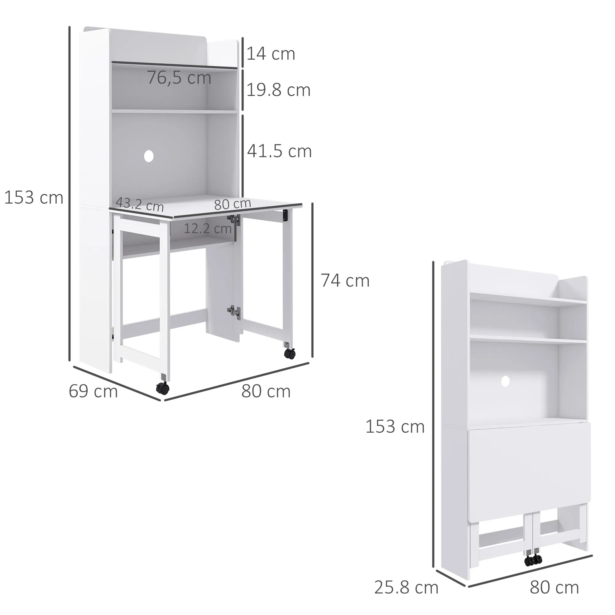 Folding Desk with 4-Tier Bookcase, 2 Wheels and Cable Hole, 80x69x155 cm, White - Image 3