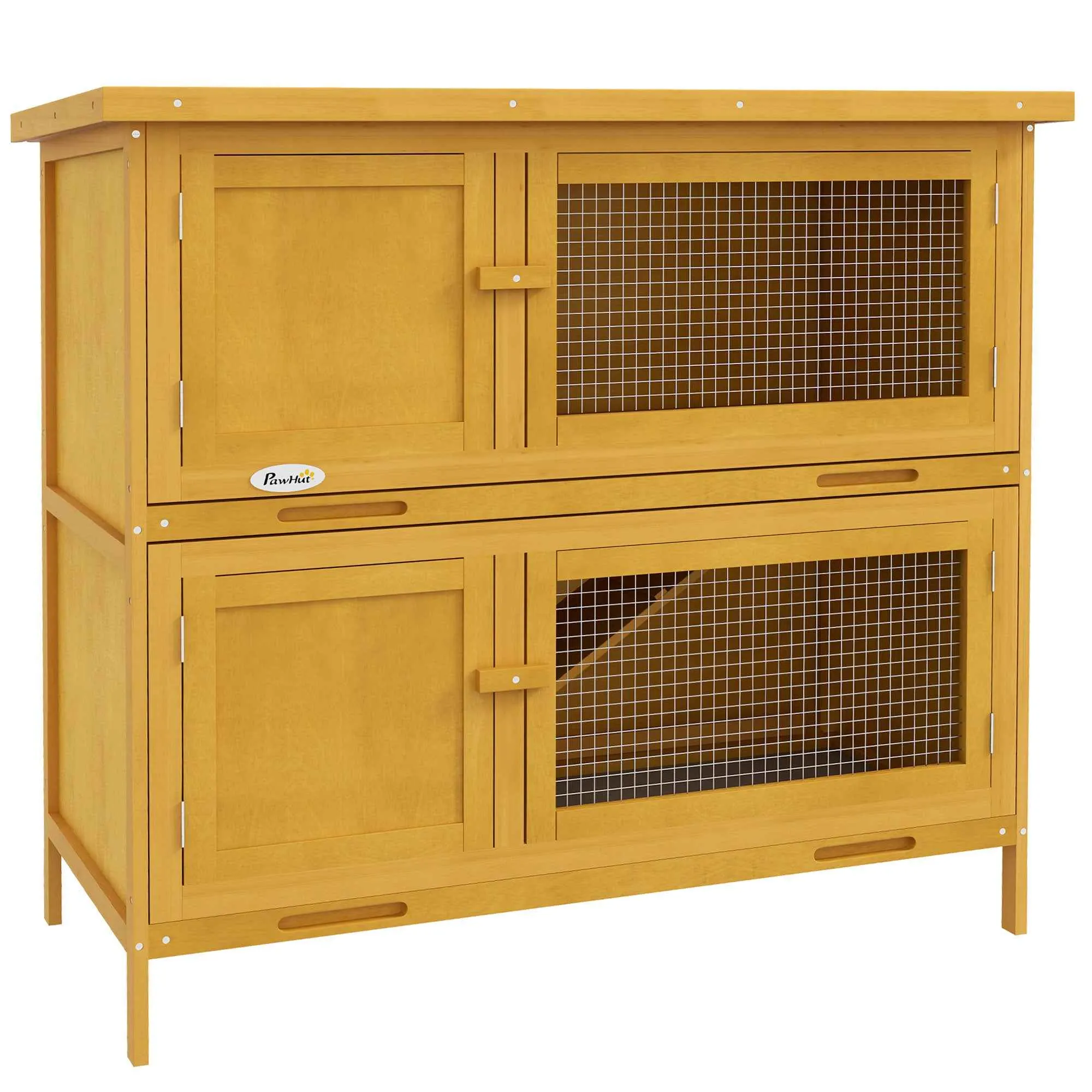 PawHut 2-Tier Rabbit Hutch in Fir Wood and Tar with Ramp, 2 Removable Trays, 4 Doors, 97x44x91 cm, Yellow