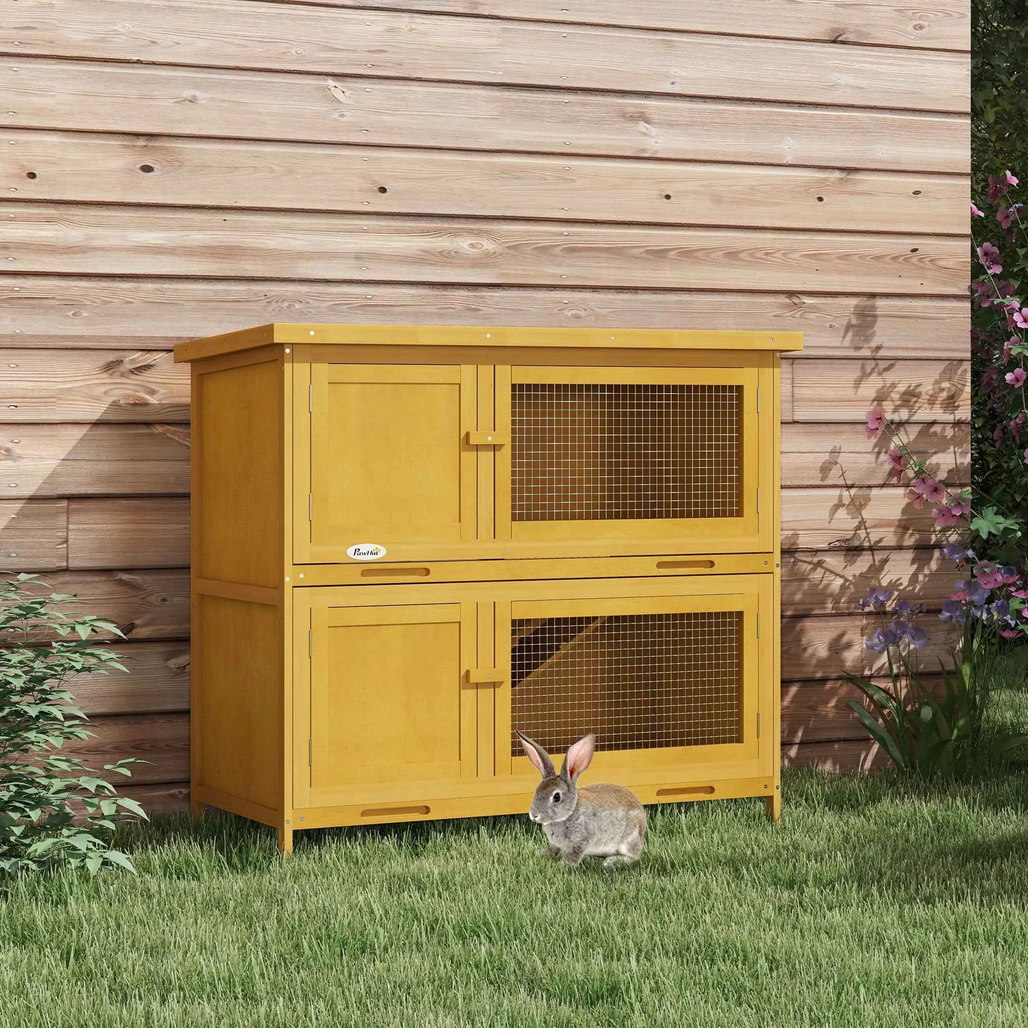 PawHut 2-Tier Rabbit Hutch in Fir Wood and Tar with Ramp, 2 Removable Trays, 4 Doors, 97x44x91 cm, Yellow - Image 2