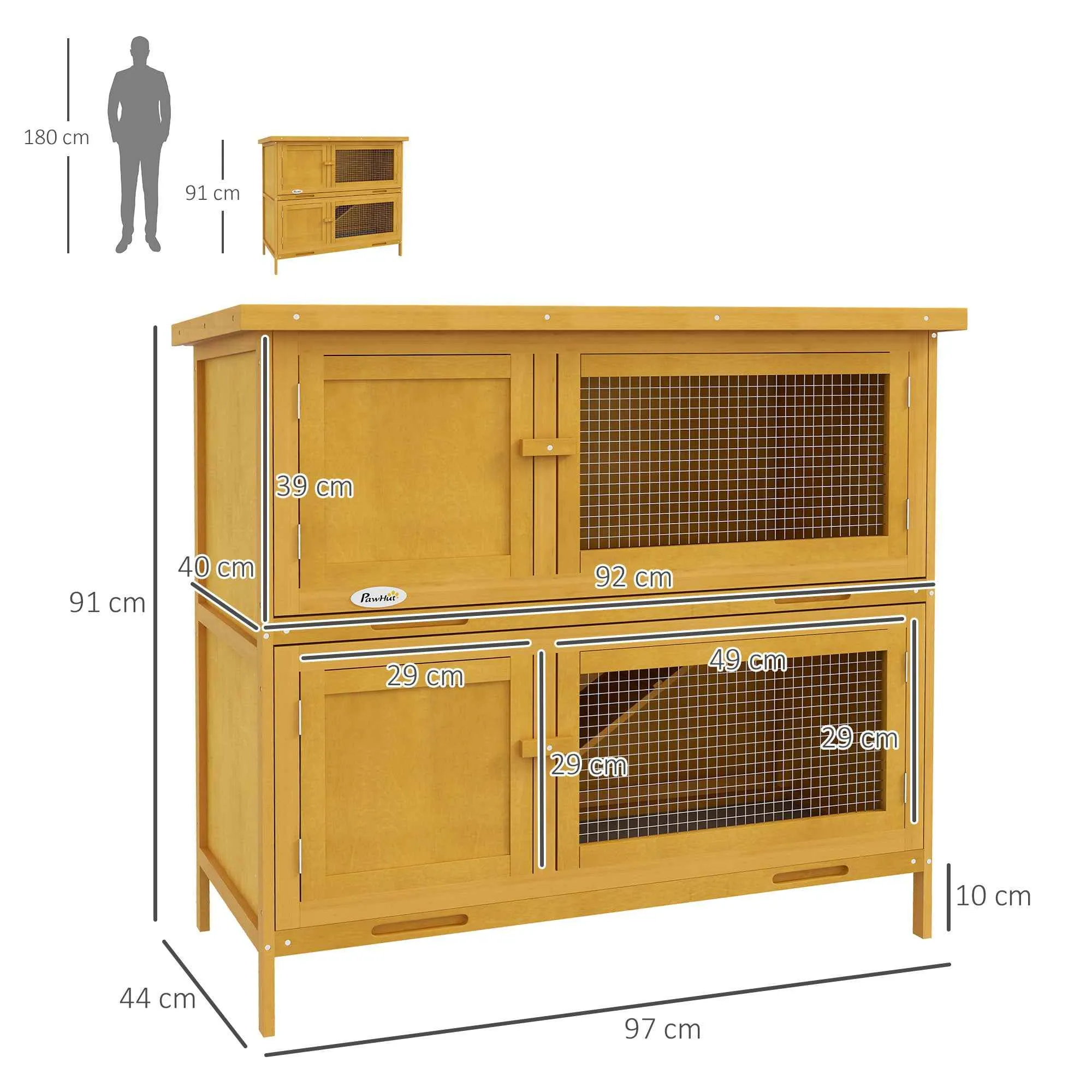 PawHut 2-Tier Rabbit Hutch in Fir Wood and Tar with Ramp, 2 Removable Trays, 4 Doors, 97x44x91 cm, Yellow - Image 3