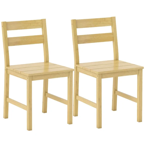 Set of 2 Bamboo Dining Chairs with Curved Backrest and Slatted Seat, Natural Wood Color