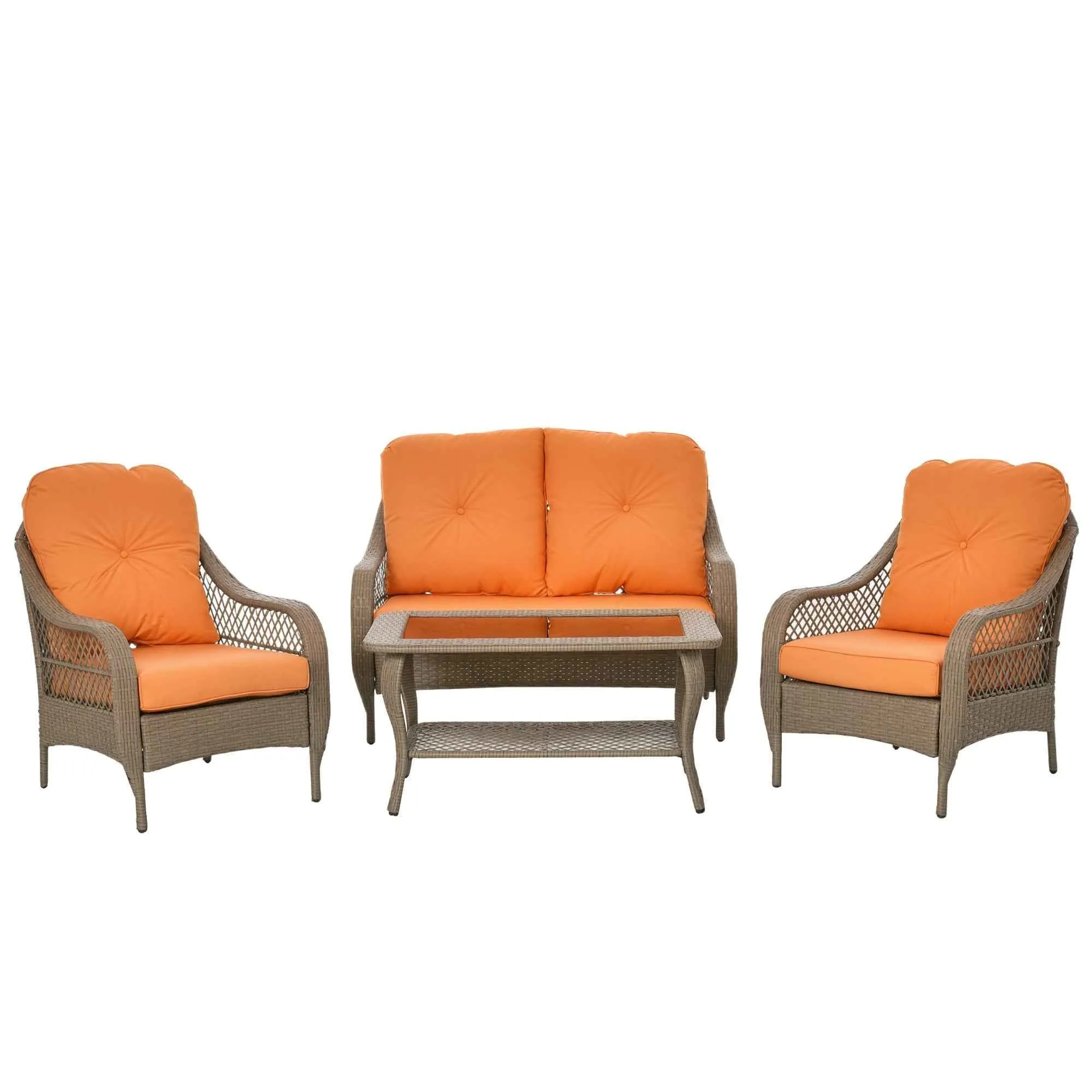 Outsunny PE Rattan Garden Furniture Set with 2 Armchairs, 2-Seater Sofa, Table and Cushions, Khaki and Orange Color