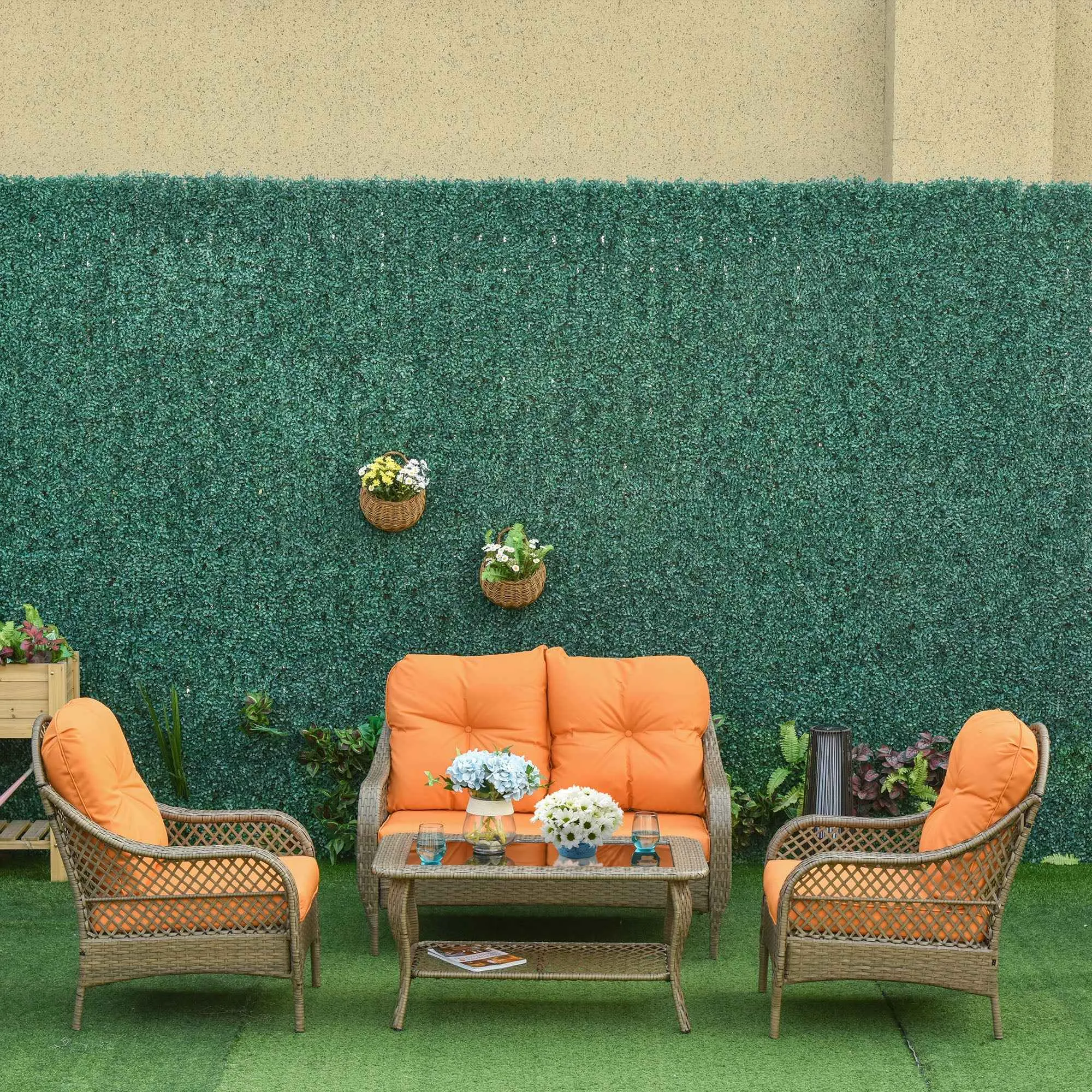 Outsunny PE Rattan Garden Furniture Set with 2 Armchairs, 2-Seater Sofa, Table and Cushions, Khaki and Orange Color - Image 2