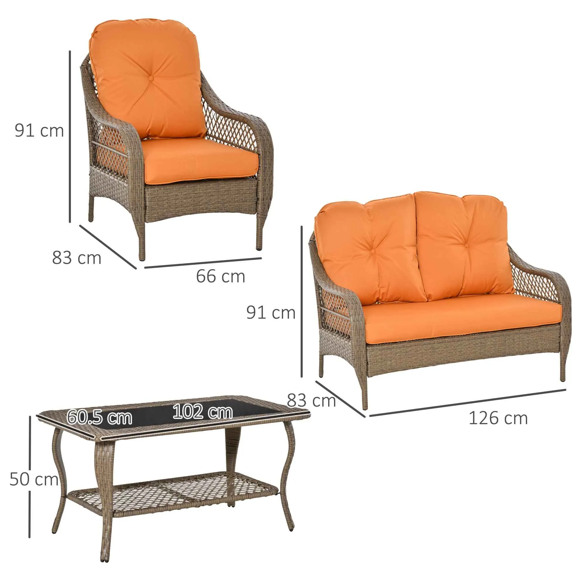 Outsunny PE Rattan Garden Furniture Set with 2 Armchairs, 2-Seater Sofa, Table and Cushions, Khaki and Orange Color - Image 3