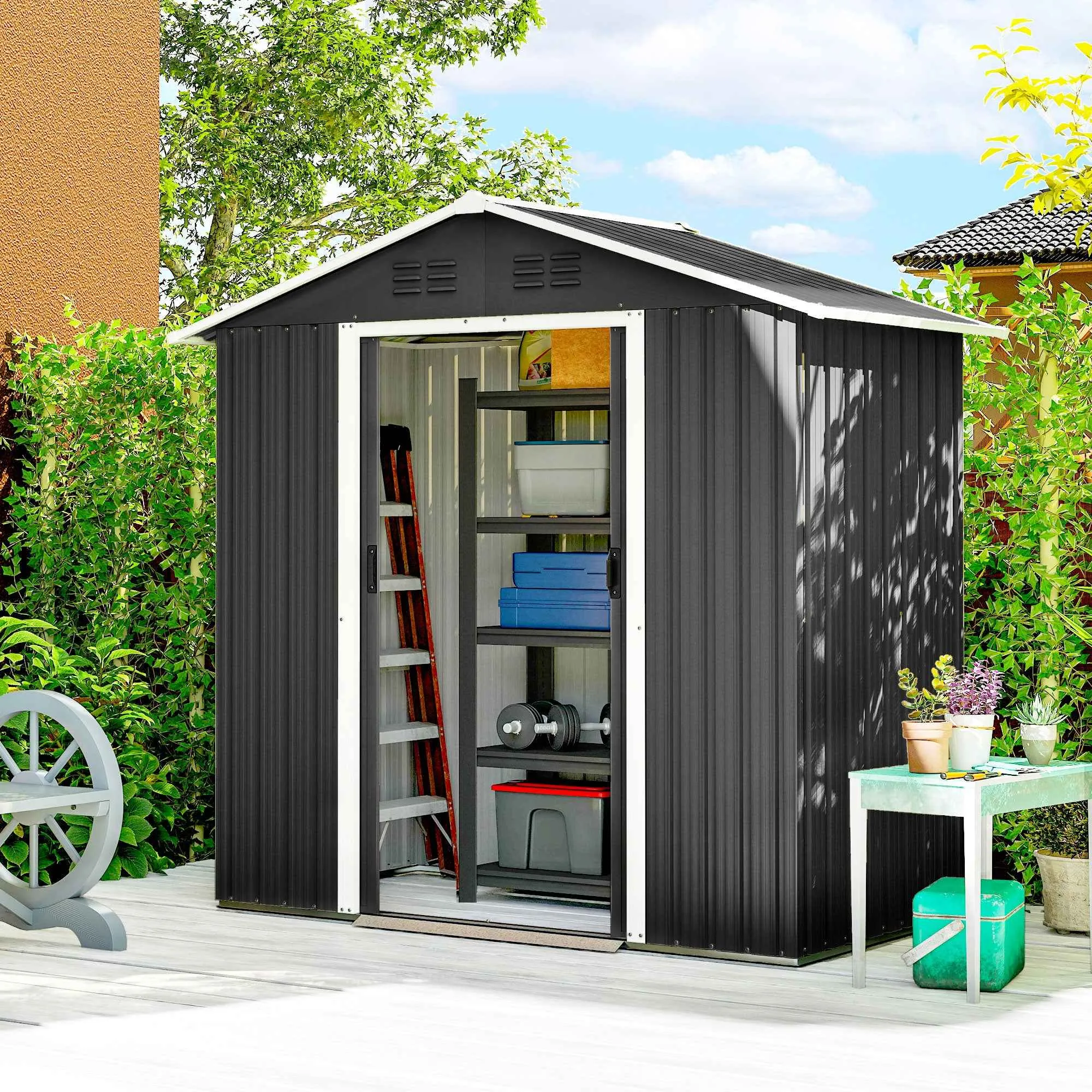 Outsunny Garden Shed Steel Tool Storage Shed 194x107x191 cm, Grey - Image 2