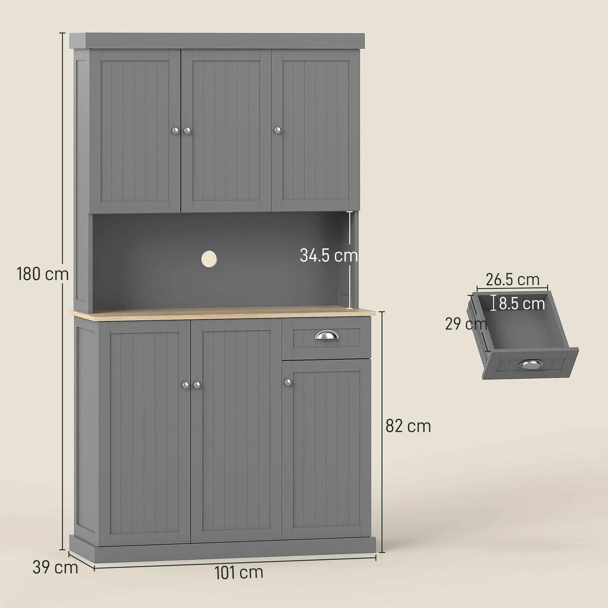 Country Kitchen Cabinet Sideboard with Adjustable Shelves 101x39x180cm Grey - Image 3
