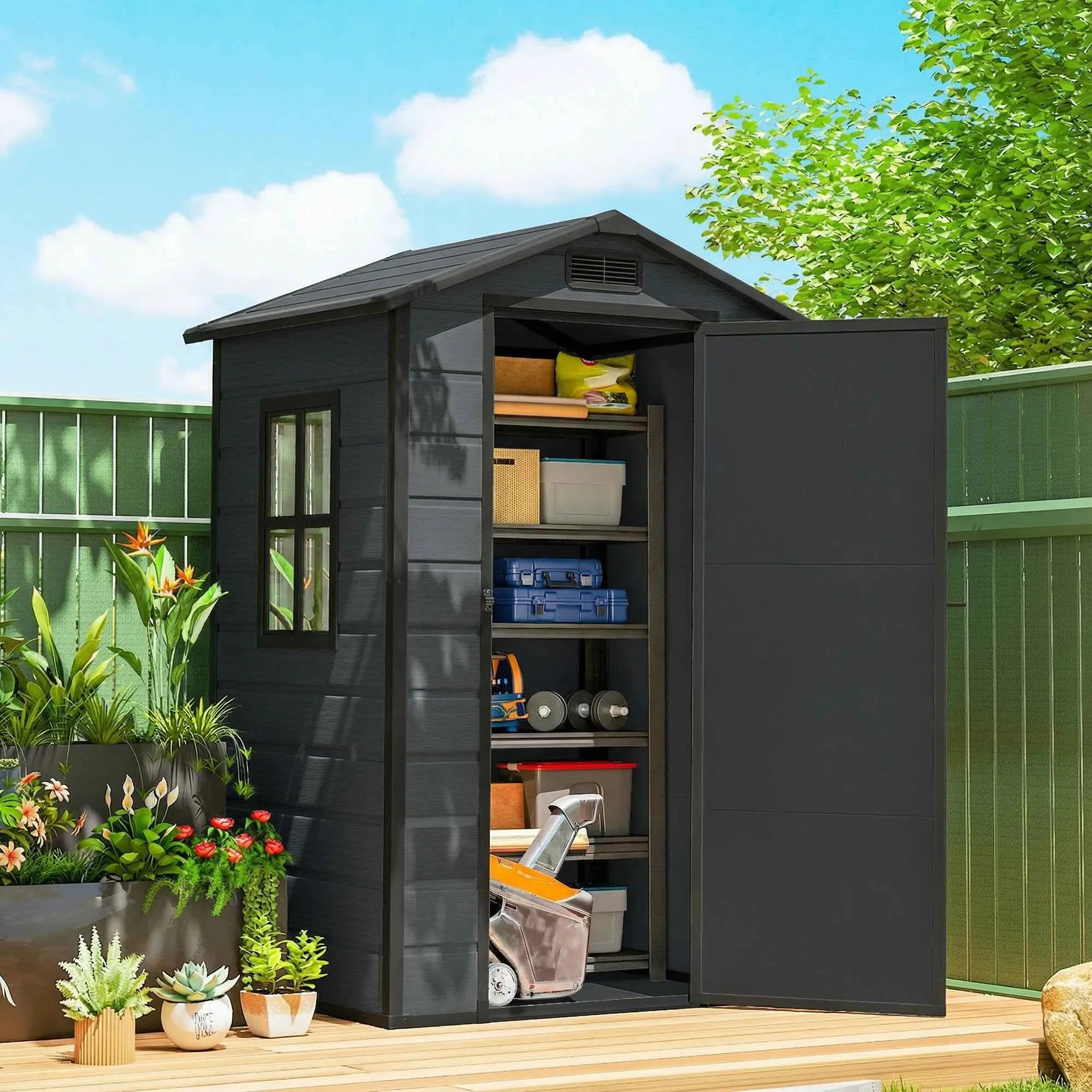 Outsunny 2-Door Tool Shed with Windows and Air Vents, PP and Aluminum, 128x104x196 cm, Dark Gray - Image 2