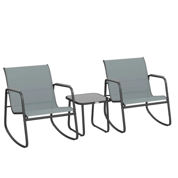 Outsunny 3-Piece Steel Outdoor Set with 2 Breathable Rocking Chairs and Glass-Top Coffee Table, Grey and Black