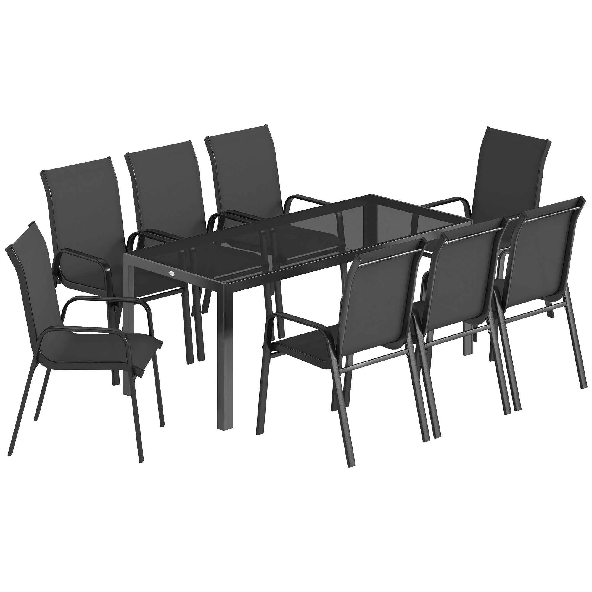 Outsunny 9-Piece Outdoor Set with 8 Stackable Texteline Chairs and Glass-Top Coffee Table, Black