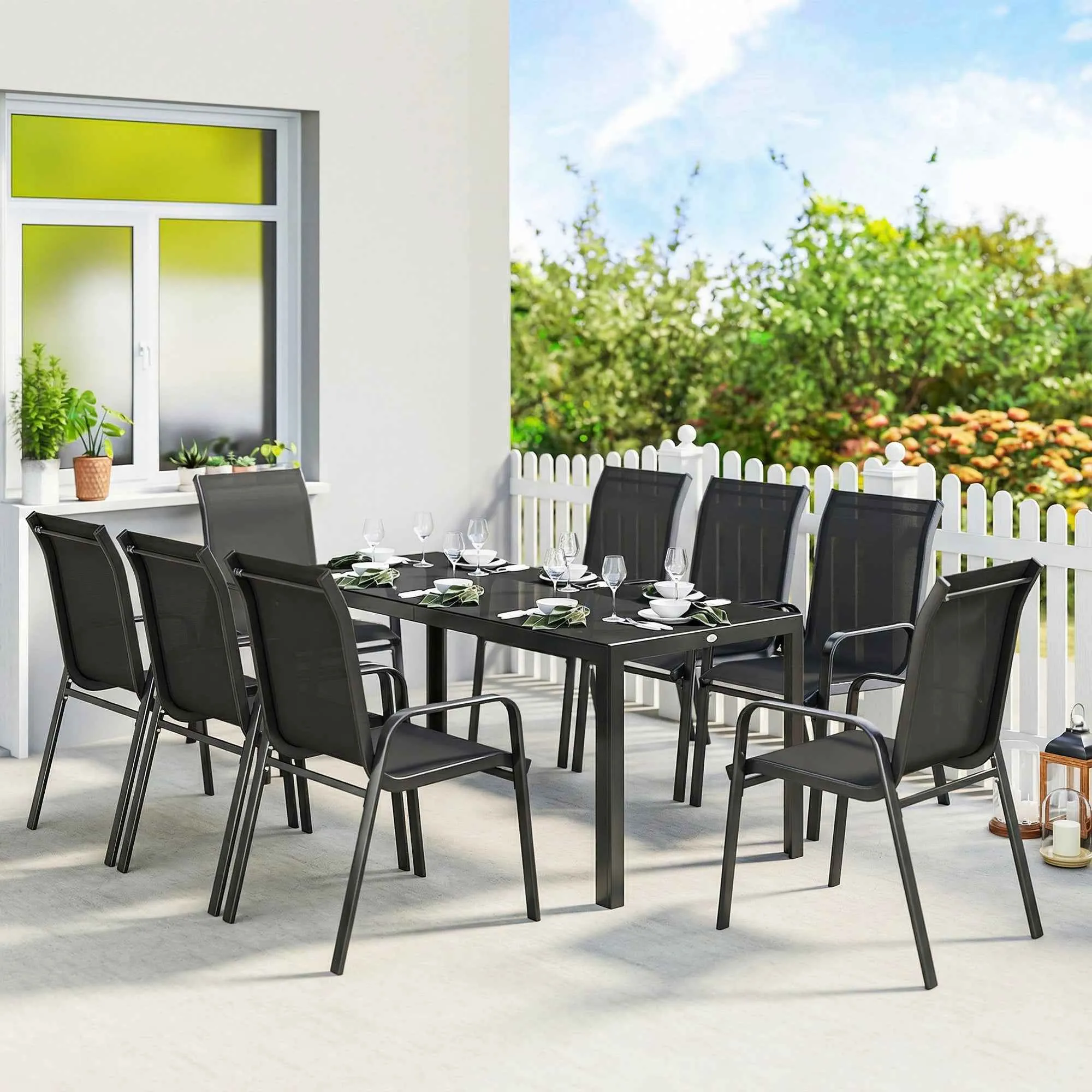 Outsunny 9-Piece Outdoor Set with 8 Stackable Texteline Chairs and Glass-Top Coffee Table, Black - Image 2