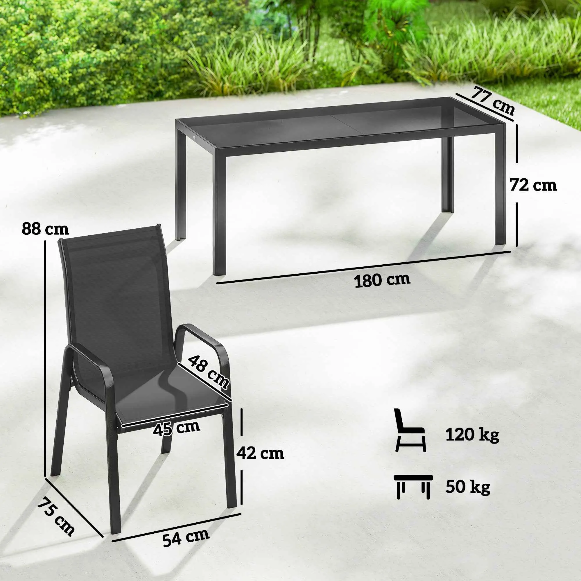 Outsunny 9-Piece Outdoor Set with 8 Stackable Texteline Chairs and Glass-Top Coffee Table, Black - Image 3