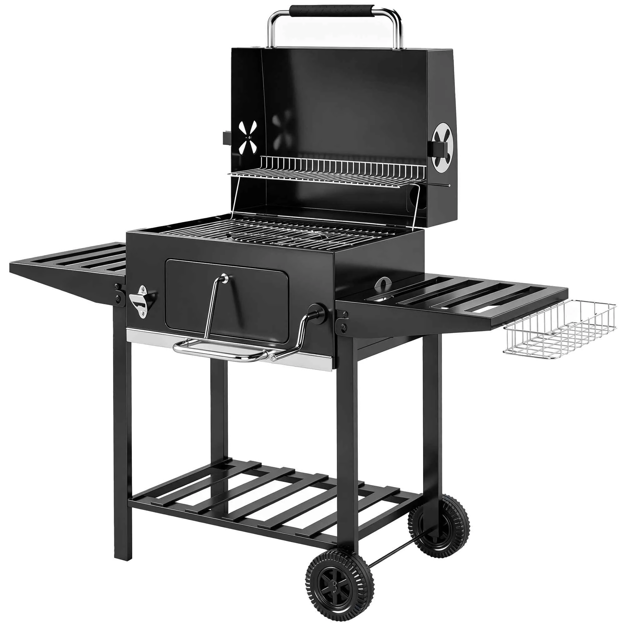 Outsunny Charcoal Barbecue on Wheels with Adjustable Grill and Folding Shelves, Steel and PP, 133.5x65x110 cm, Black