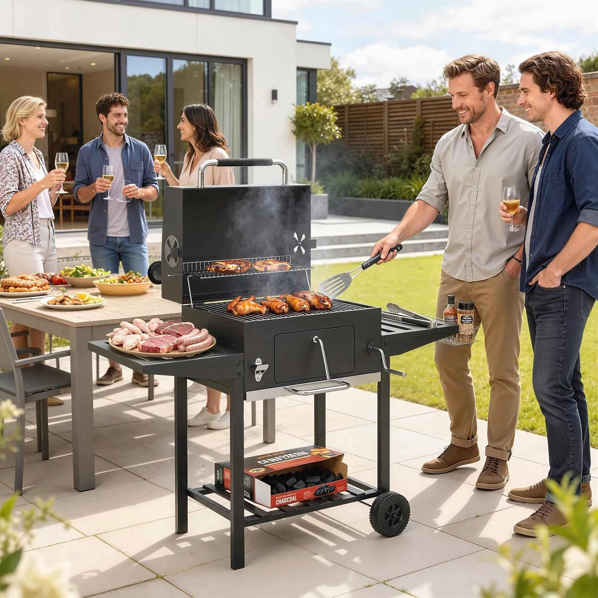 Outsunny Charcoal Barbecue on Wheels with Adjustable Grill and Folding Shelves, Steel and PP, 133.5x65x110 cm, Black - Image 2
