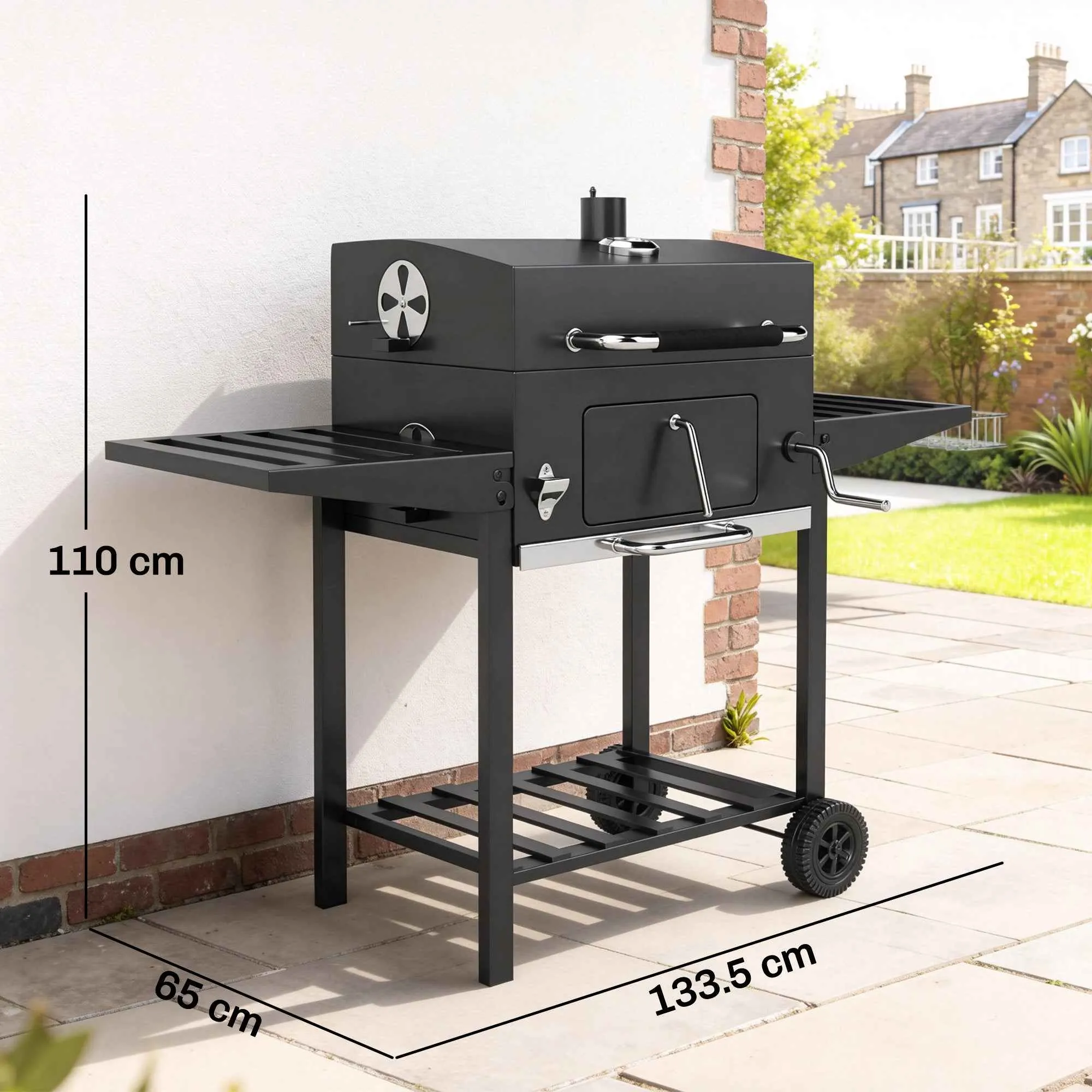 Outsunny Charcoal Barbecue on Wheels with Adjustable Grill and Folding Shelves, Steel and PP, 133.5x65x110 cm, Black - Image 3