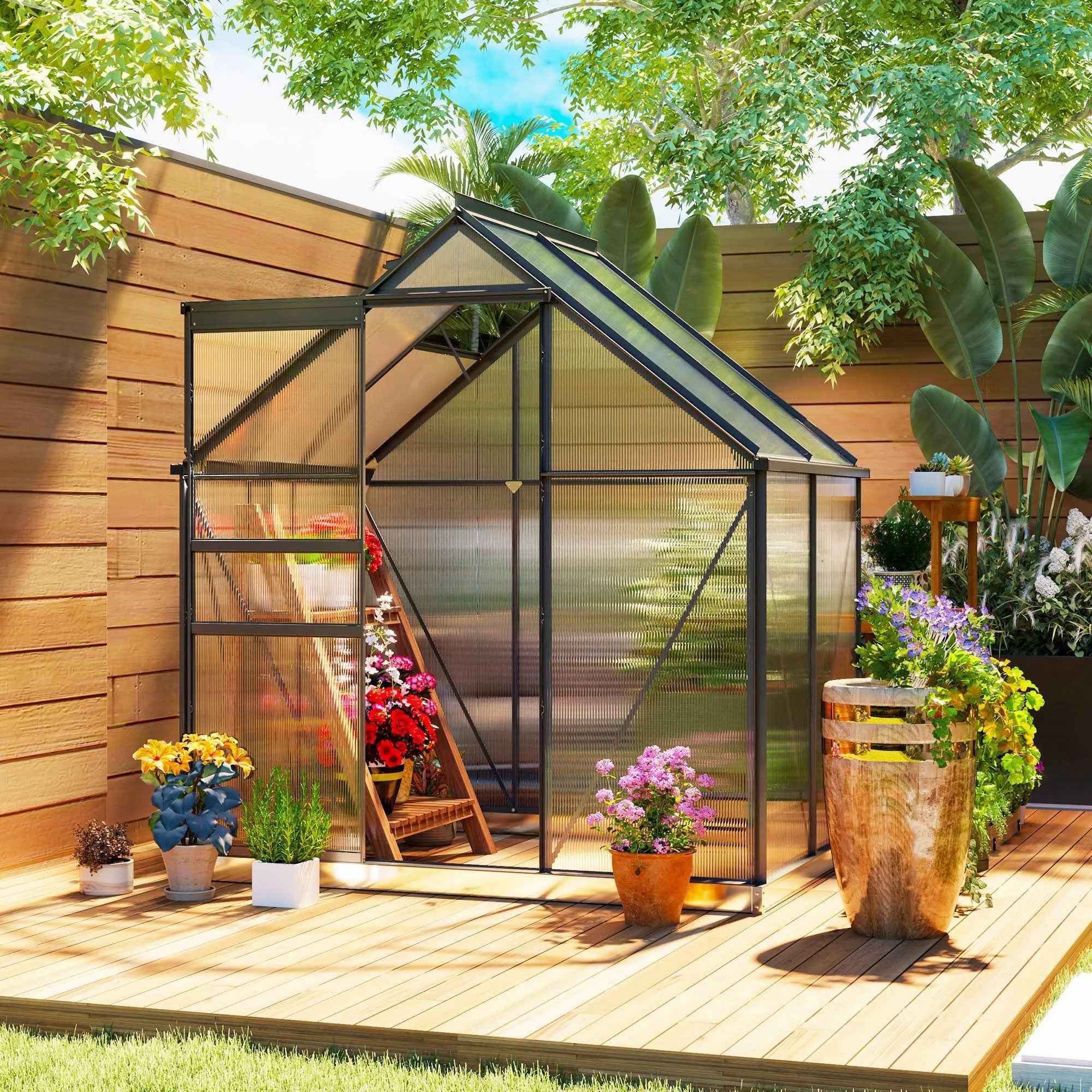Outsunny Polycarbonate and Aluminum Greenhouse with Hinged Door and Roof Window, 192.5x131x200 cm, Gray - Image 2