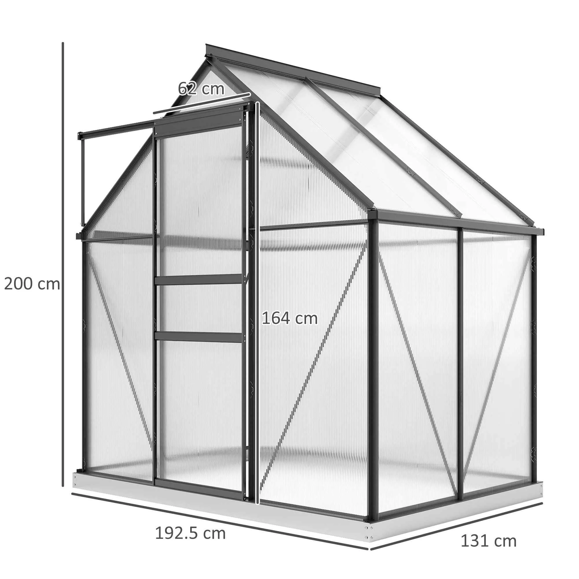 Outsunny Polycarbonate and Aluminum Greenhouse with Hinged Door and Roof Window, 192.5x131x200 cm, Gray - Image 3