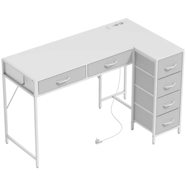 Corner Desk with 6 Drawers, Side Hook and Integrated Sockets, Wood and Steel, 126x48x80 cm, White