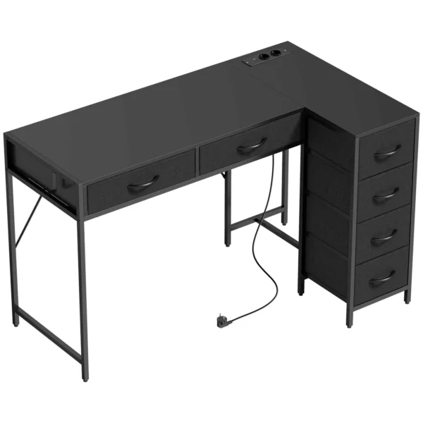 Corner Desk with 6 Drawers, Side Hook and Integrated Sockets, Wood and Steel, 126x48x80 cm, Black