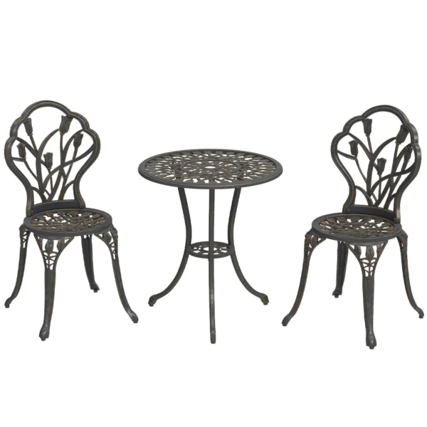 Outsunny 3-Piece Outdoor Set with 2 Garden Chairs and Round Table with Umbrella Hole, Bronze