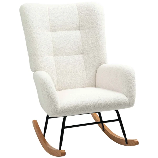 Teddy Velvet Rocking Chair, Metal and Wood for Bedroom and Living Room, 70x94x100 cm, Cream White