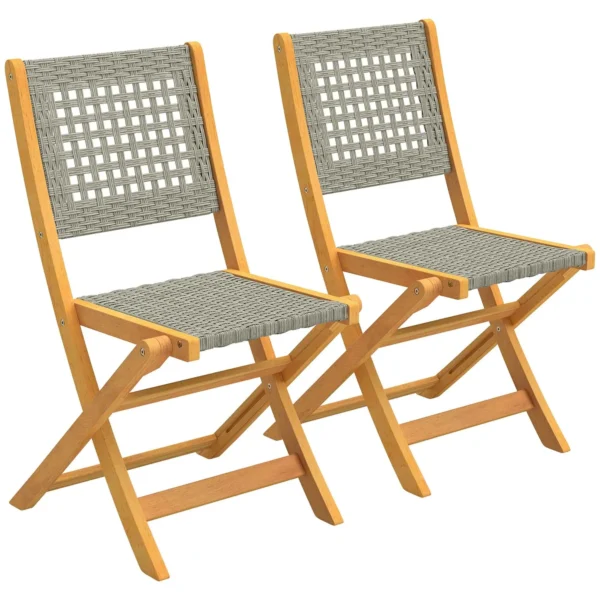 Outsunny Set of 2 Folding Garden Chairs in PE Rattan and Acacia Wood, Supports up to 160 kg, Grey