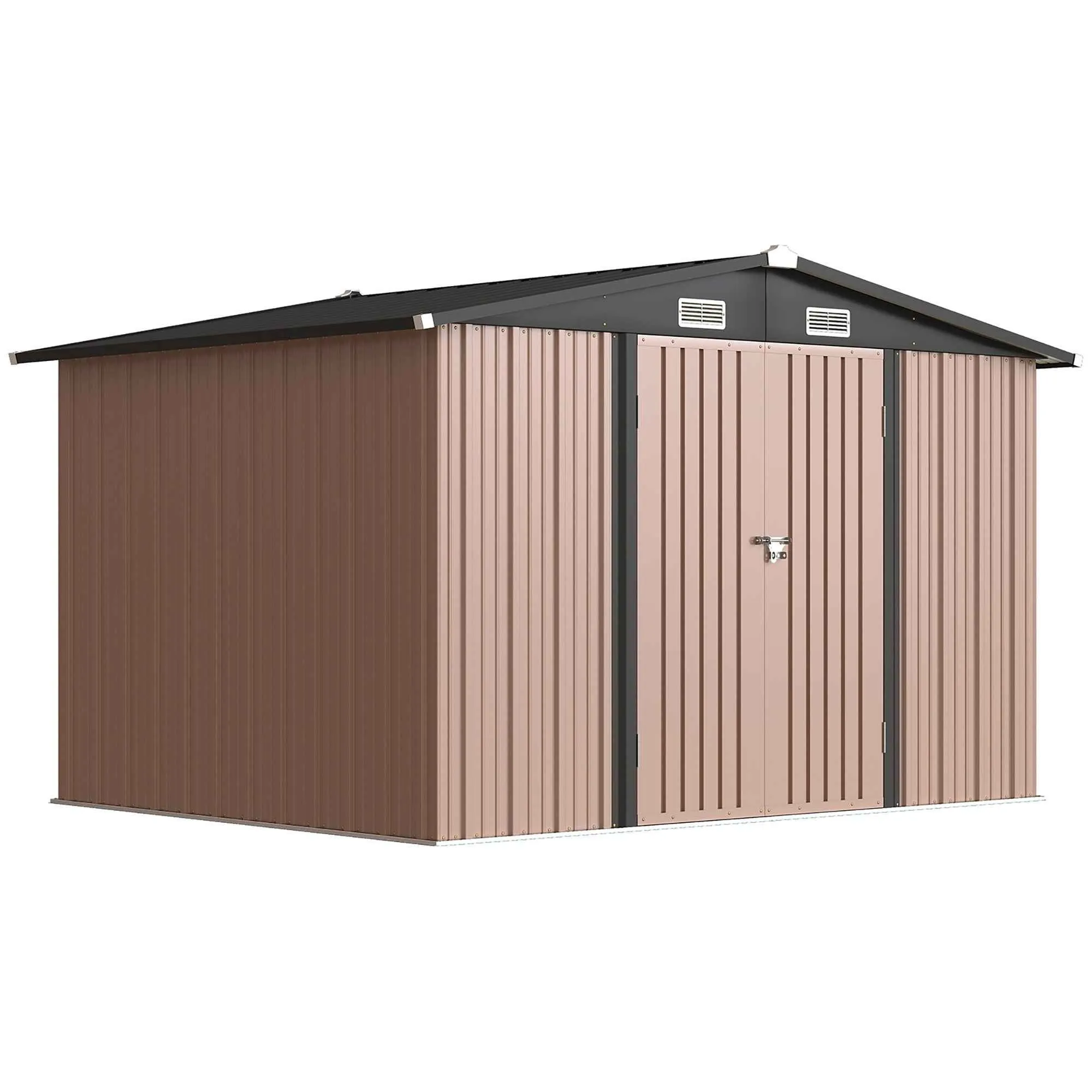 Outsunny 305 x 245 cm Metal Storage Shed, Sturdy Garden Shed with 4 Vents and Lockable Double Doors, Brown