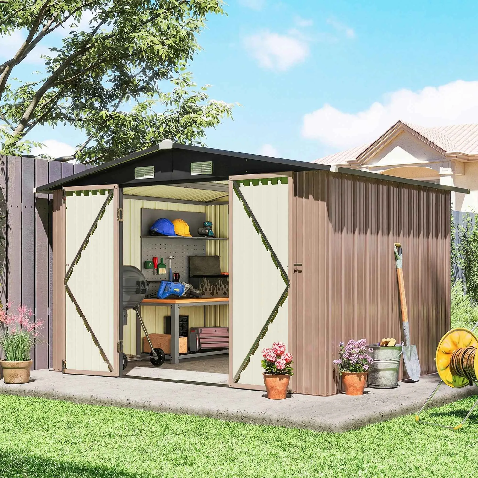 Outsunny 305 x 245 cm Metal Storage Shed, Sturdy Garden Shed with 4 Vents and Lockable Double Doors, Brown - Image 2