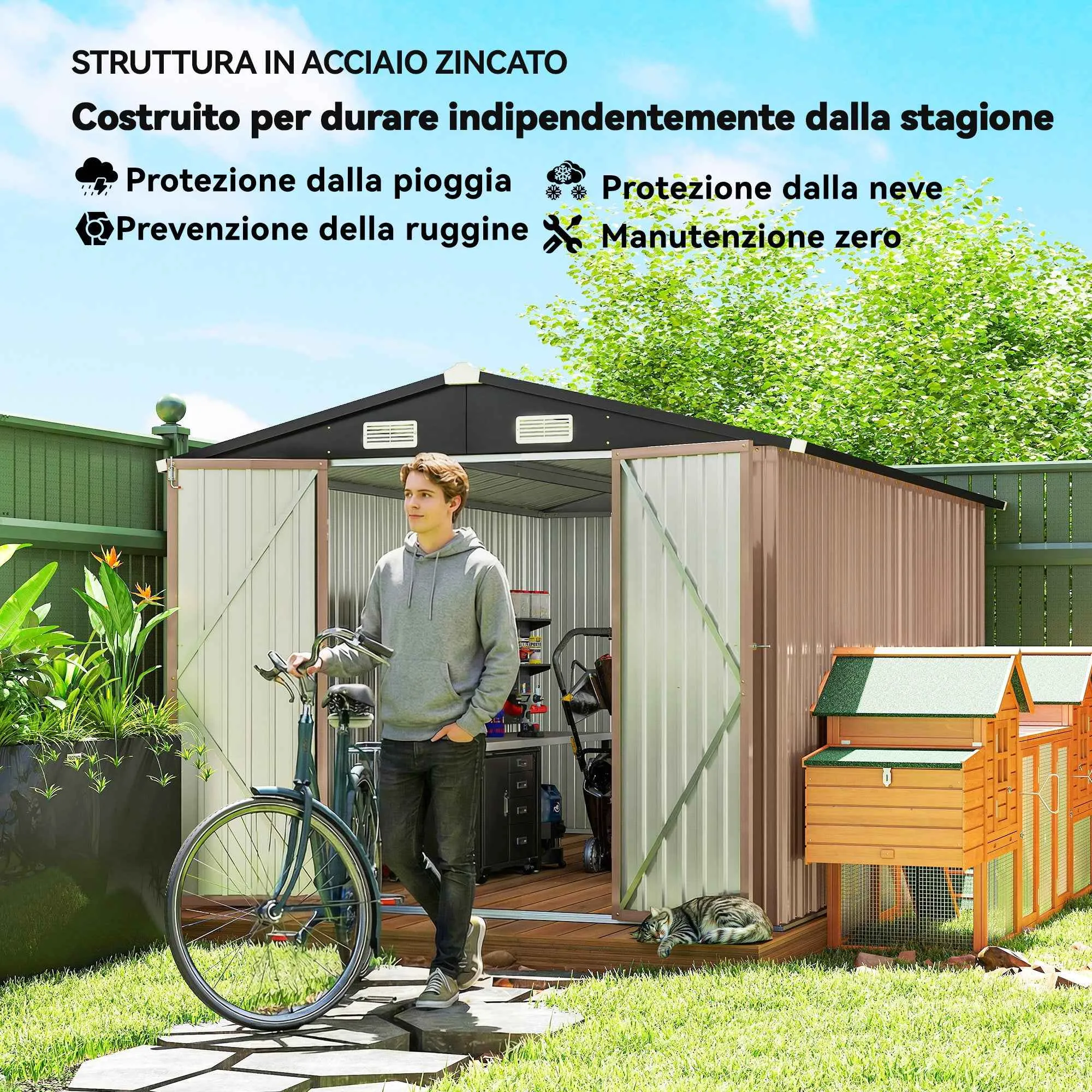Outsunny 305 x 245 cm Metal Storage Shed, Sturdy Garden Shed with 4 Vents and Lockable Double Doors, Brown - Image 3