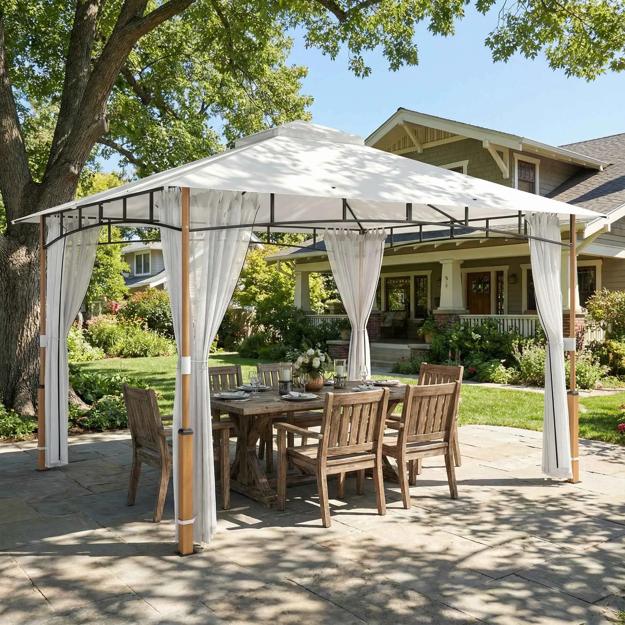 Outsunny Gazebo 3 x 3.6 m, Double Roof UPF50+ with Net, Cream - Image 2