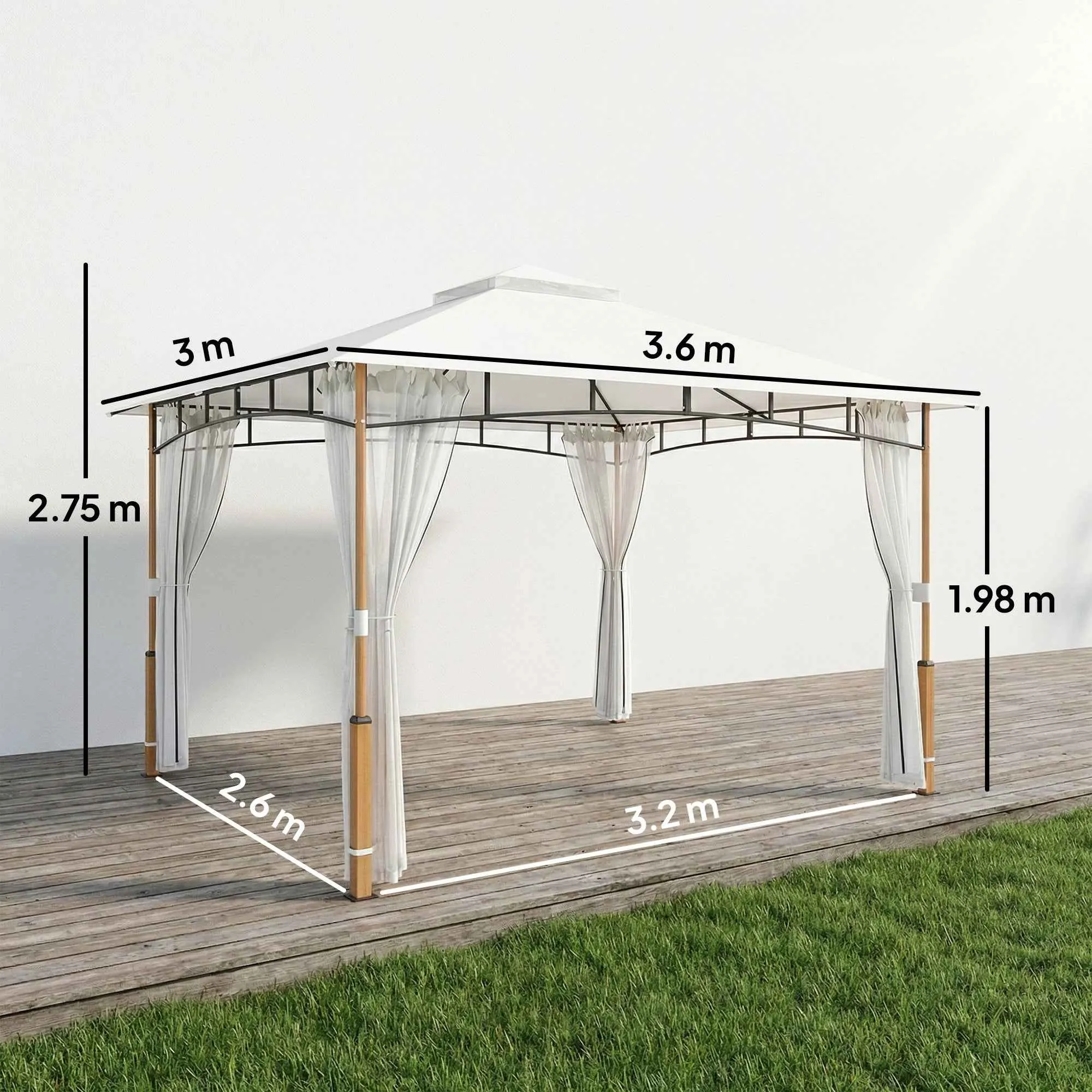 Outsunny Gazebo 3 x 3.6 m, Double Roof UPF50+ with Net, Cream - Image 3