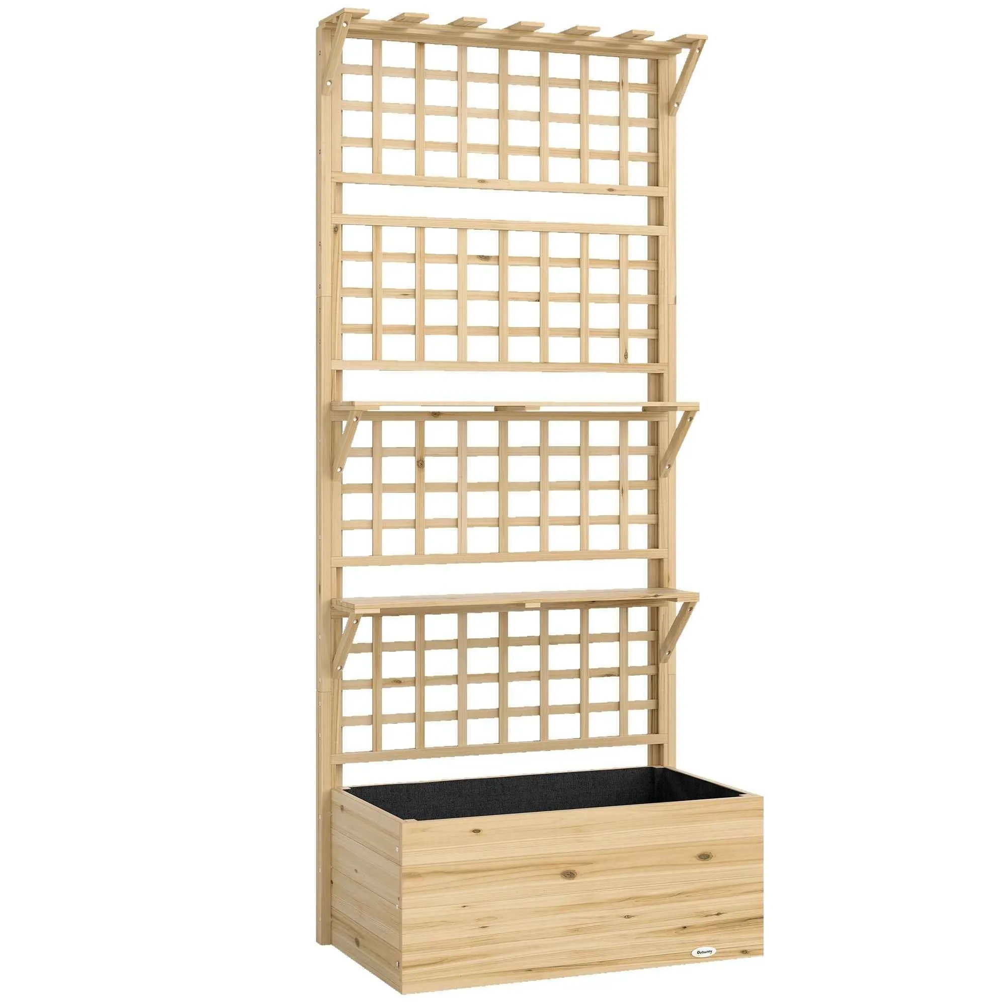 Outsunny Raised Wooden Planter with Trellis, Roof and 2 Shelves, 76x43.5x177 cm, Natural Wood