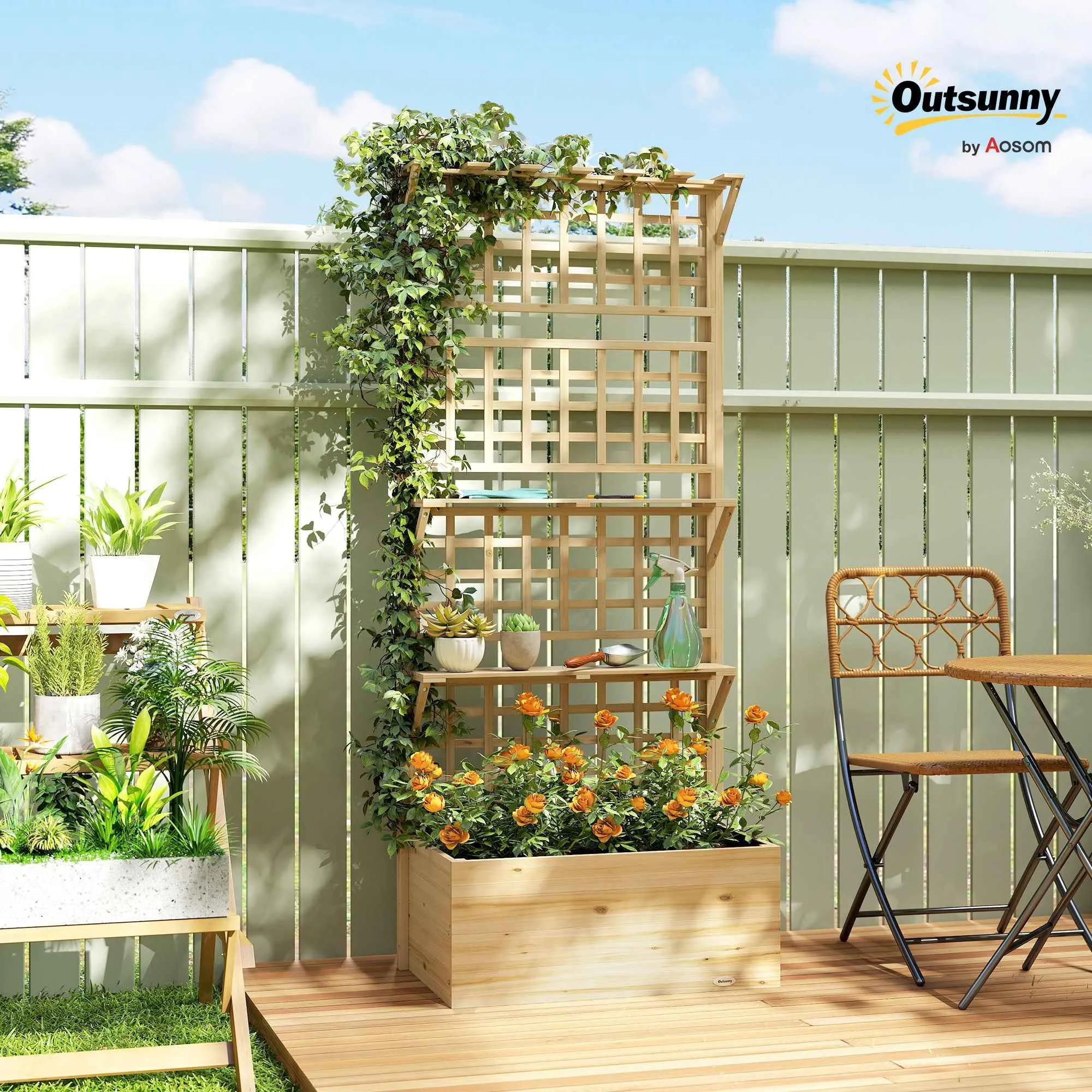 Outsunny Raised Wooden Planter with Trellis, Roof and 2 Shelves, 76x43.5x177 cm, Natural Wood - Image 2