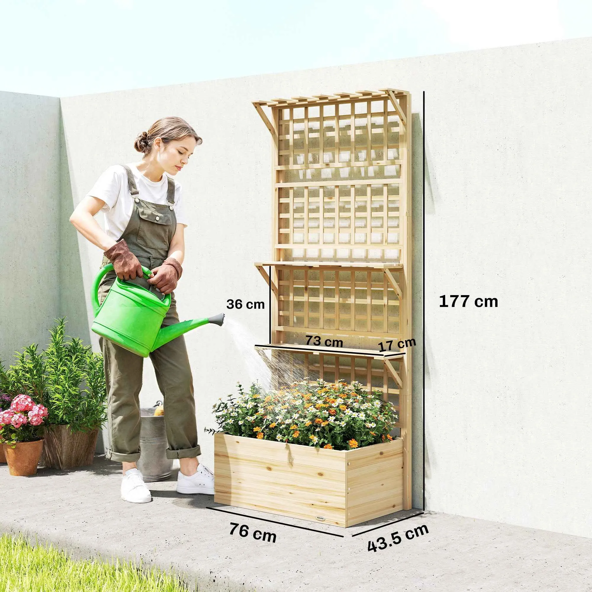 Outsunny Raised Wooden Planter with Trellis, Roof and 2 Shelves, 76x43.5x177 cm, Natural Wood - Image 3